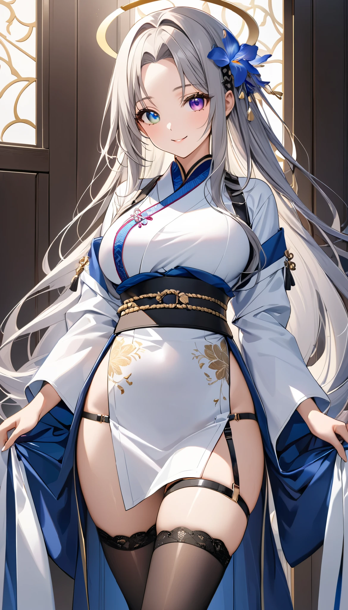 ((One personの女性)), Beautiful Face, (Laughing embarrassedly), (naughty face:1.1),((Wink:1.7)), (head tilt:1.3), upper teeth,Laugh with your mouth wide open,((Bright red cheeks:1.4)), Glossy red lips, ((Spread your legs:1.4)), (panty shot), pussy line, (Shining Face), Touching hair with hands,looking at viewer, Rooftop terrace, firework,Lighting on the face, ((Anime style background)),masterpiece, Highest quality, so beautiful,up to date, Complex details, (Pink long nails),(ring),(bracelet),(Floral choker),AI-generated, Complex,High resolution, Highest quality, super high quality,3D Images、3D Images,One person,Long white hair,High Ponytail, Anime woman posing for a photo,(blue eyes), ((Fine grain、Silvery white eyes、Shining Eyes:1.4)), (Squint your eyes:1.1),a hyperRealistic , hyperRealistic , Realistic,Anime woman with long white hair, Smooth anime CG art, A woman in a colorful kimono with gold embroidery, (Black long sleeve kimono),Red floral pattern,Long flower hair ornament,Earrings,Mature Body,(Big Breasts:1.1),Tall,Abdominal muscles,Tight waist,(Zoom in on face:1.2), (from below),