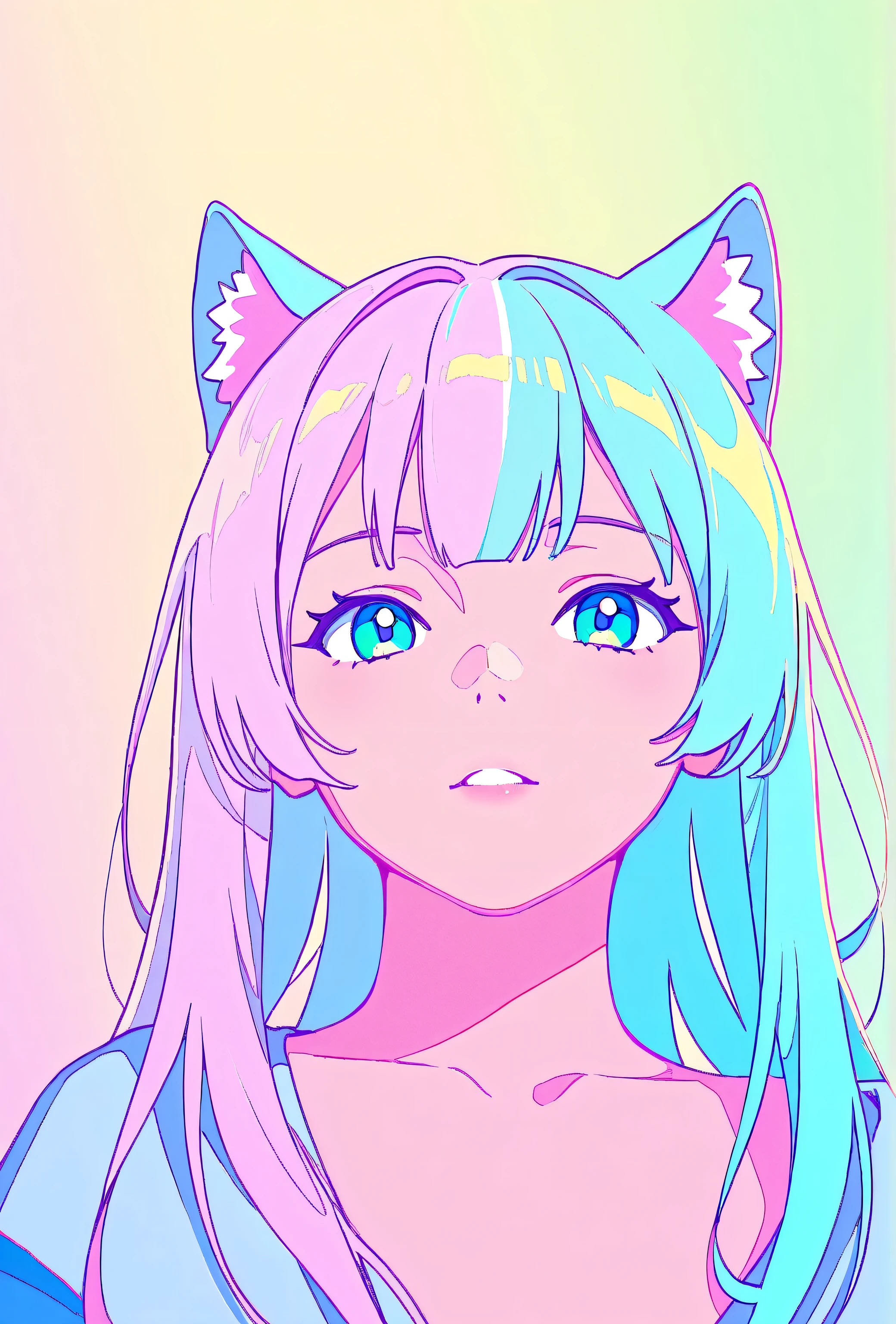 random hot and busty korean catgirl, cat ears, pastel color palette, no background, pastel background, colorful background,