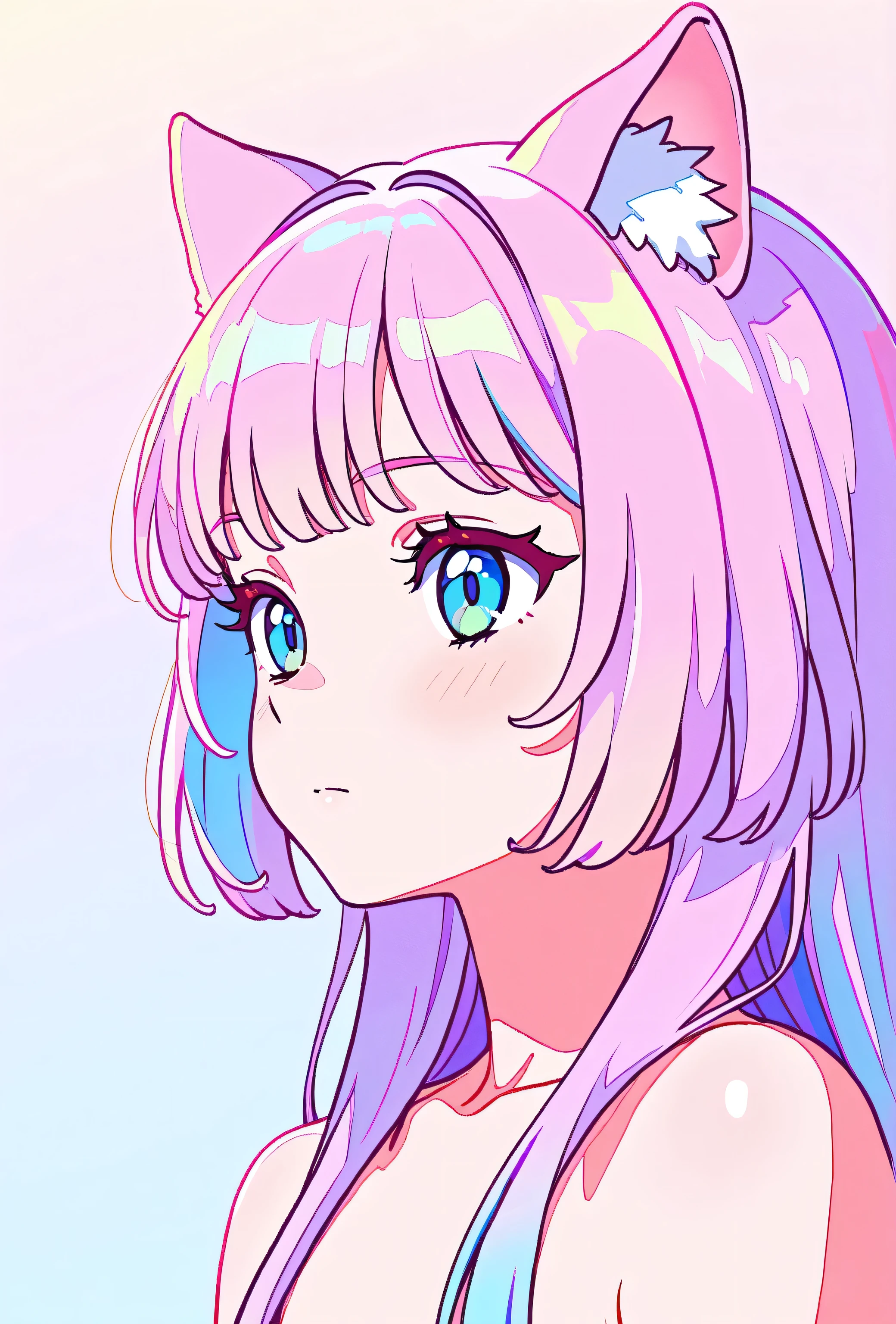 random hot and busty korean catgirl, cat ears, pastel color palette, no background, pastel background, colorful background,