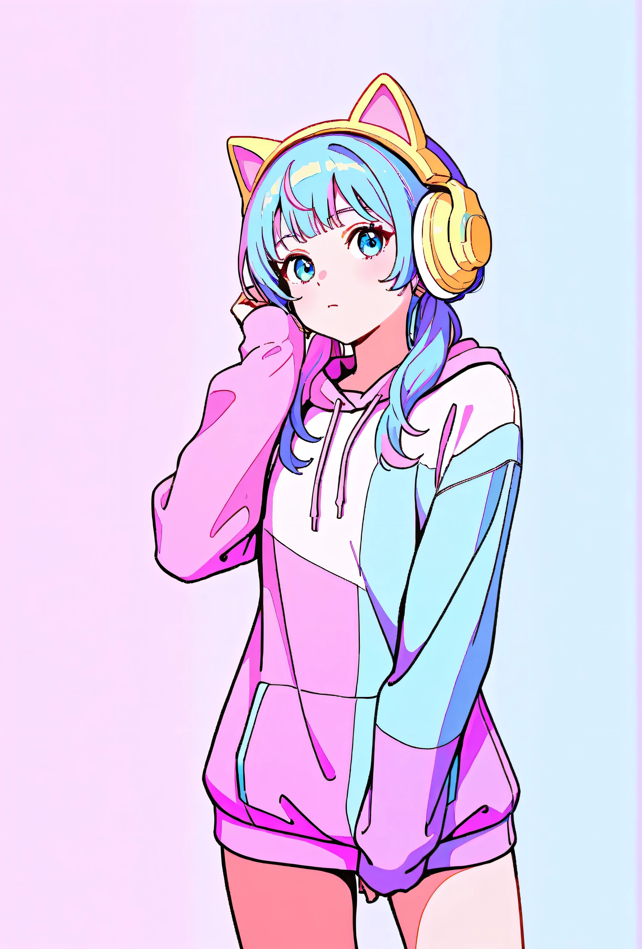 random hot and busty korean catgirl, cat ears, pastel color palette, no background, pastel background, colorful background,
