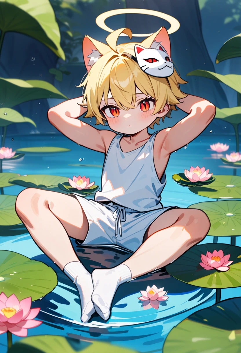 anger,Shota,swim,(best quality),(masterpiece),Wear only transparent thongs,no shirt,No coat,lying in water