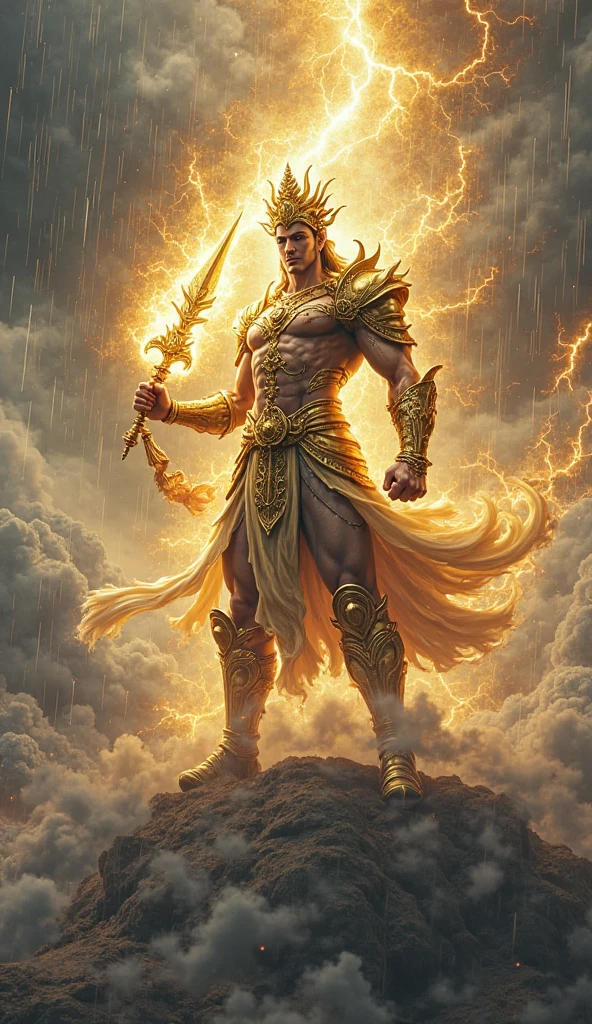 generate images of a tall an slim muscular man with two braids of his hair beside his face
in white and silver coloured armour holding a gold staff
Cover his entire body in a gold armour increase his size and make lightening and fire radiate from his body