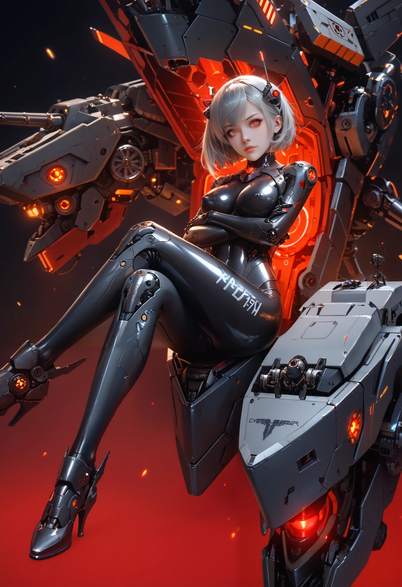 Mechanical Weapon Girl. (Close-up)Full body bodysuit. Latex. Cyber wind. Light armor. A look of contempt. Grey hair. Breasts perky. Glowing red eyes. Glowing core. A mechanical monster in the background. large sharp claws; Mechanical Fang. Red and black machine. Battleship. Sit down. Cross legs. Arms crossed. A swarm of mechanical insects.
