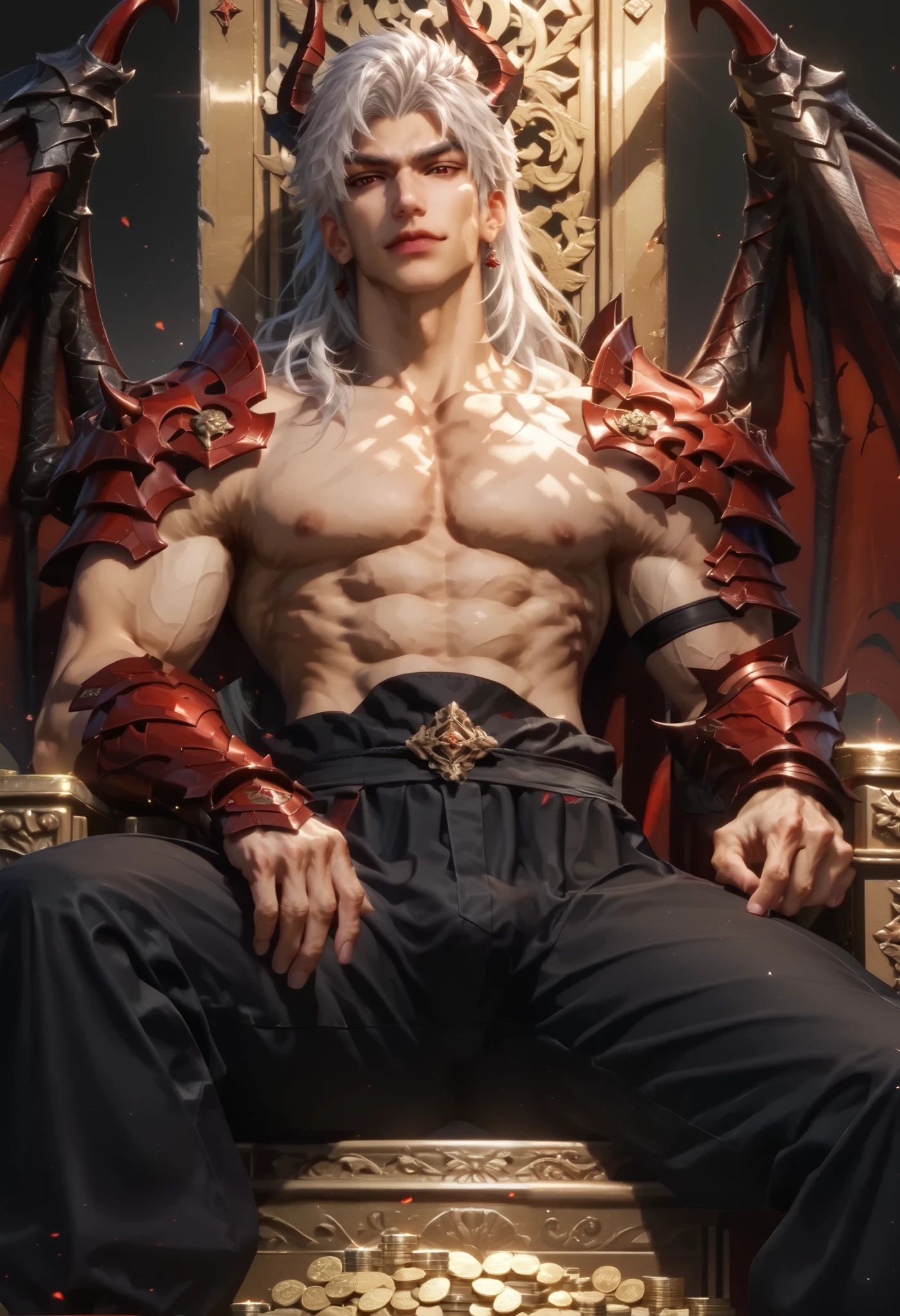 Anime illustration semi-realism of Chinese human dragon hybrid male, semi realistic, shirtless under armor, shirtless, topless, no shirt, muscular, very broad shoulders, smaller waist, slightly muscular body, Asian eyes, monolid eyes, long hair, (((long white hair))), pretty lips, (((red eyes))), sleek design, evil smirk, masculine facial features, detailed face, handsome face, sharp facial features, big bulge, sitting leaning back on big golden throne on top of gold coins arms on armrest, looking at viewer, dynamic light, black and red dragon wings, black dragon horns, has a black dragon tail, black and red armor, black red pointy jagged sharp hand armor, black red pointy jagged sharp body armor, black tight leather pants, full body picture,