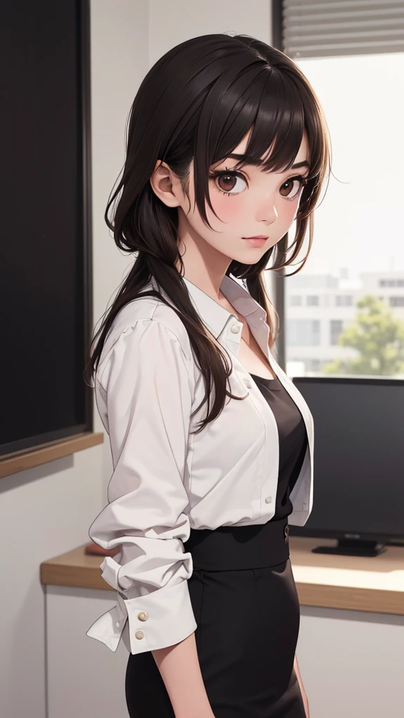 1lady solo, (looking back from behind), (bent over), /(casual shirt pencil skirt thin pantyhose/), /(black hair/) bangs, (masterpiece best quality:1.2) delicate illustration ultra-detailed BREAK /(modern office indoors/)