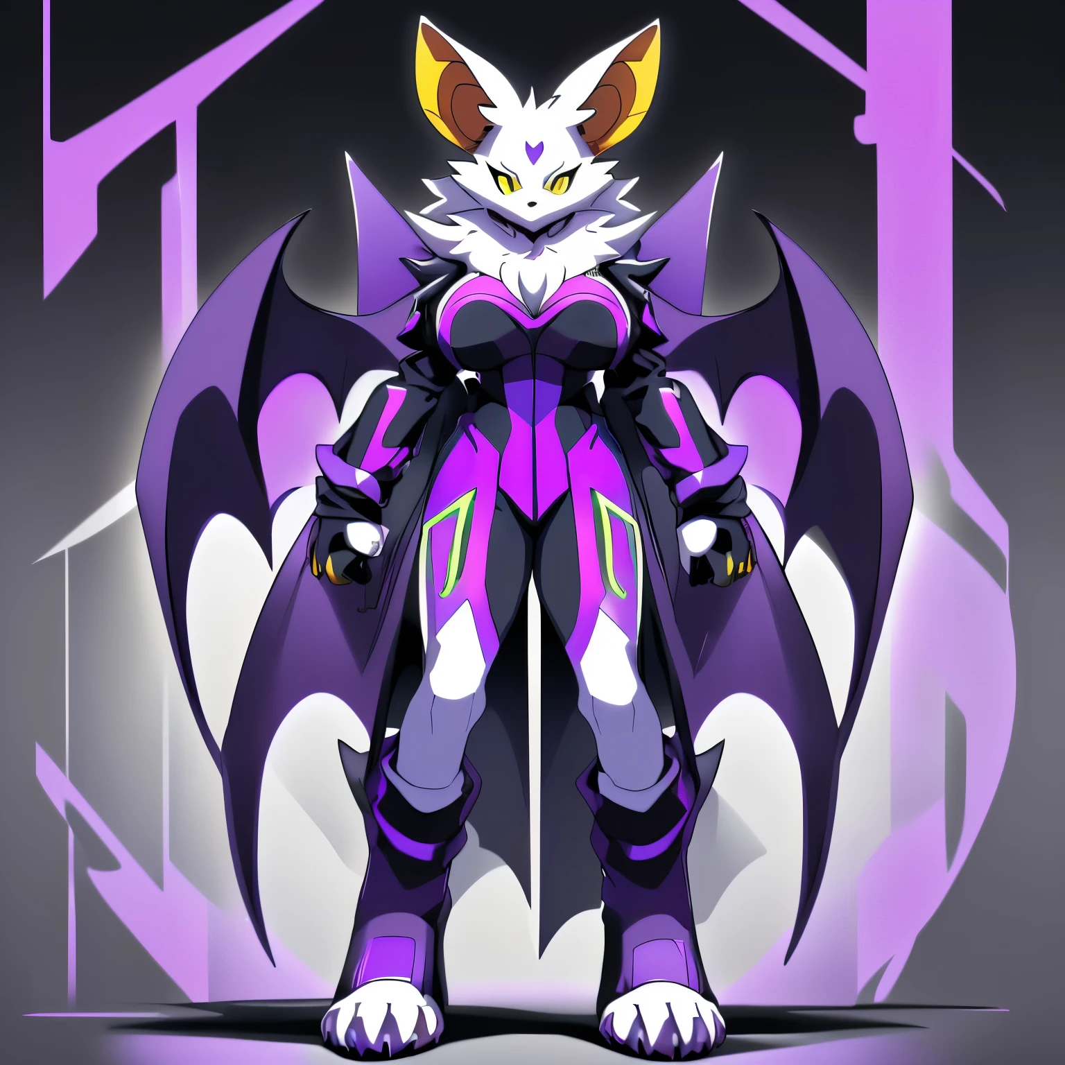 Anime, ((anime style)), ((solo)), ((solo picture)), alone, simple shading, ((full body picture)), ((plush build)), ((wearing a stylized black and purple outfit)), ((Outfit with neon accents)), ((female Anthro bat)), ((Tall with large round breasts)), ((tall buxom figure)), ((white fur)), ((white bat ears)), ((white face)), ((neutral expression)), ((vivid yellow eyes)), ((digitigrade legs)), highly detailed anime style, clean lines, white face, short white muzzle, white furry cheeks, white furry muzzle, ((white legs)), ((short claws)), ((adult aged)), ((huge bat wings)), ((black and purple bat wings:1.2)), ((single pair of wings)), ((white paws)), ((hind paws with 4 toes)), ((digitigrade paws)), ((white toeless boots with no heel)), ((solid black background))