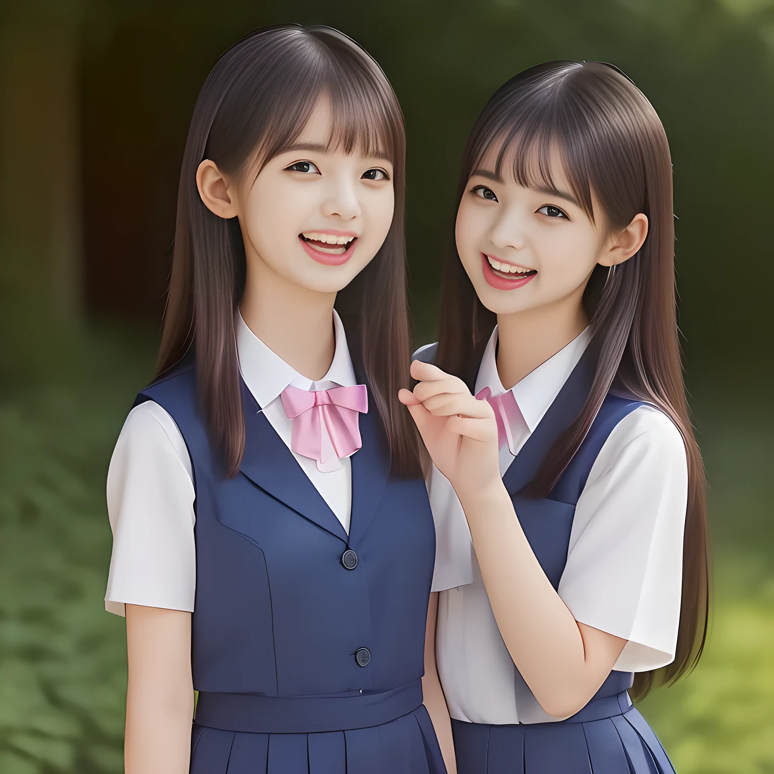 (highest quality, masterpiece, high resolution:1.2), 4K, (Photo quality detailed foreground: 1.2), geometry, ((Two 14yo too beautiful noble seductive idles are whispering me with swelling pink microphone), Cute noble beautiful slender girl girly very-long-hair Japanese photo model succubi and looking at the viewer with her too beautiful eyes, (fluttering supreme laughter): 1.5), (Using expensive face-whitening cosmetics to make her skin more beautiful and pure by professional makeup artist: 1.5), ((Dark blue) Japanese school girly vest Uniform with neat girly light-yellow short-sleeves school blouse, puffed short sleeves: 1.8), (white socks and school loafers, kicking back: 1.5), (Dark red glossy glossy school ribbon on the breast: 1.0), (Extremely laughing cheeks: 1.8), (Beautiful light-amber large clear open eyes with balanced and detailed cutely: 1.4), (double eyelids: 1.0), (highly curled bangs: 1.2), (Expressing the greatest joy with her whole body: 1.2), (Glossy lips: 1.0), (too long very straight hair reaches her hips: 1.7), (cute earrings), (making the viewer crazy with her beautiful hands: 1.6), (white and clear skin: 1.0), (Laughing 13yo cute princess's eyes looking at me: 0.8), (Very shy, cute, slender, pretty, pretty, too girly & Girlish: National Beautiful Girl Grand Prix winners: 2.0), (Everything is organized to have strong effect of hypnosis for the viewer to fall into happy dream with many beautiful girl's laughter: 1.5), (The viewer must be transferred to the world of only beautiful girls right now when he sees the laughter of girls in the picture: 2),(Tight waist, slender: 1.5), (The neat beautiful girls know well about the viewer's super fetishism for school uniforms, and satisfies the viewer's lewd white microphone completely with skirt and beautiful hands grasping from front and back: 1.9), ((Inviting me) to come most close with (mind-melting maximum laughter) and (noble hand gesture) like alluring and looking into my eyes: 2)