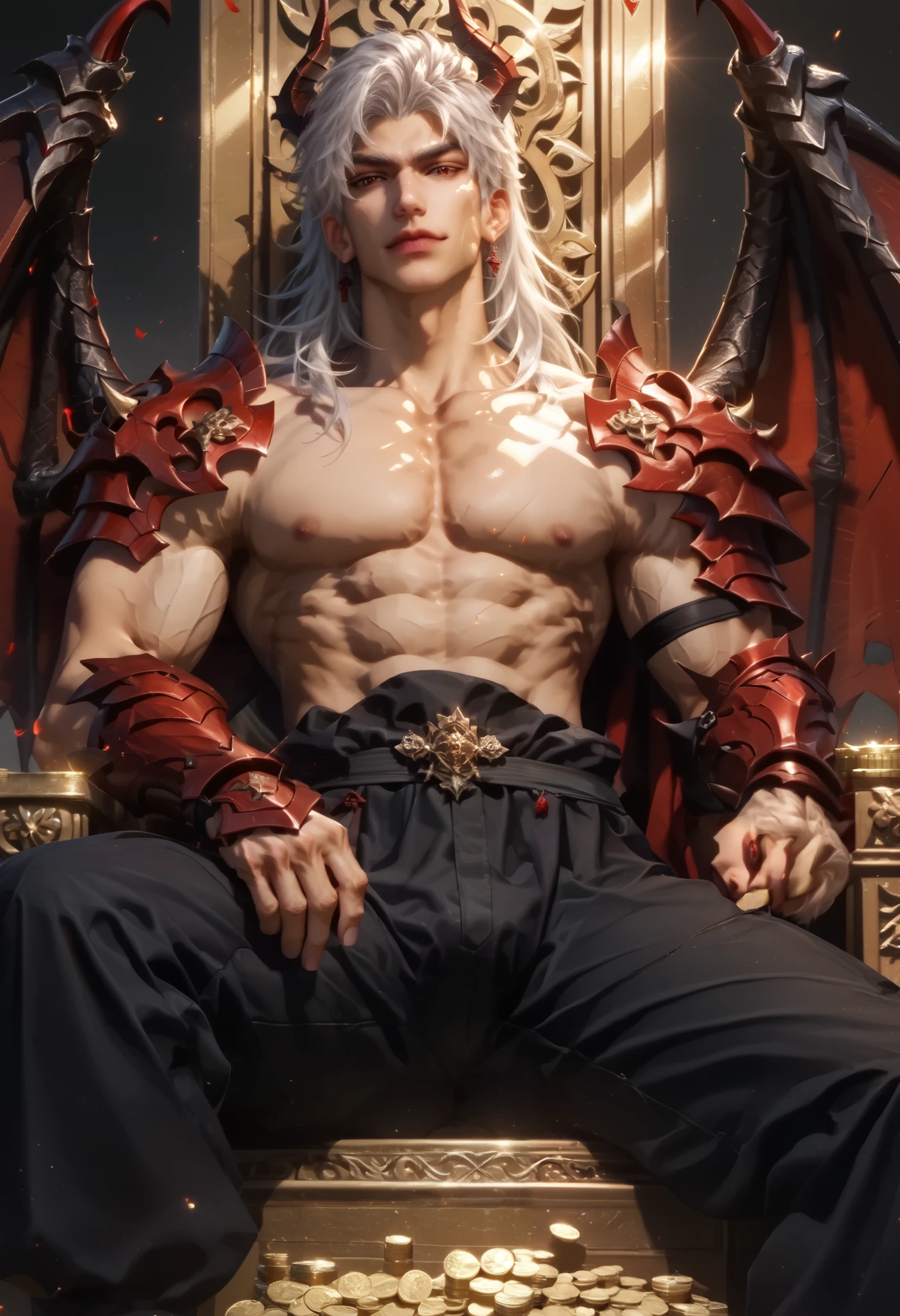 Anime illustration semi-realism of Chinese human dragon hybrid male, semi realistic, shirtless under armor, shirtless, topless, no shirt, muscular, very broad shoulders, smaller waist, slightly muscular body, Asian eyes, monolid eyes, long hair, (((long white hair))), pretty lips, (((red eyes))), sleek design, evil smirk, masculine facial features, detailed face, handsome face, sharp facial features, big bulge, sitting leaning back on big golden throne on top of gold coins arms on armrest, looking at viewer, dynamic light, black and red dragon wings, black dragon horns, has a black dragon tail, black and red armor, black red pointy jagged sharp hand armor, black red pointy jagged sharp body armor, black tight leather pants, full body picture,