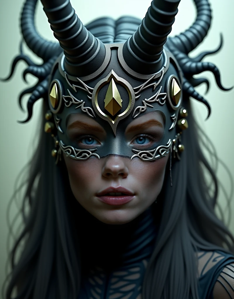front view,portrait,symmetrical,artistic,sharp art,(dan mumford style:1.1),hdr,realism,dark fantasy,atmosphere,lovecraft style,(JimJorCrafLogo art style:1.3),blonde girl,braids,glasses,glowing greeneyes,centered,serpents,monolith,column,temple,stone,2faces,left/right,jewel,