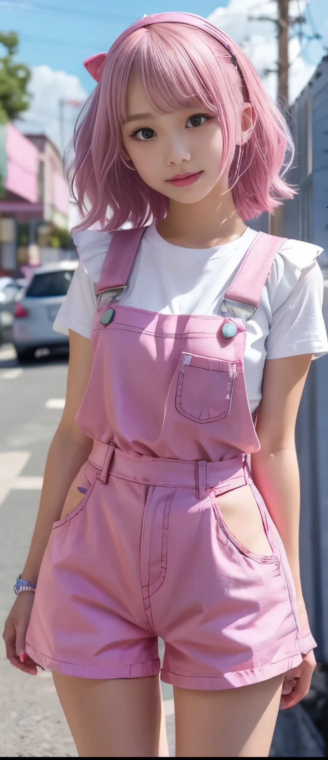 A fairytale idol girl、、striped candy overalls shorts、、、good style、whole body、、shiny belt、、light blue and pink hair、
