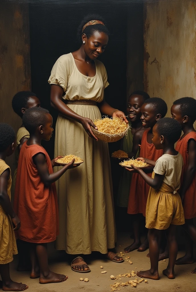 Create a person giving food to many children in Africa