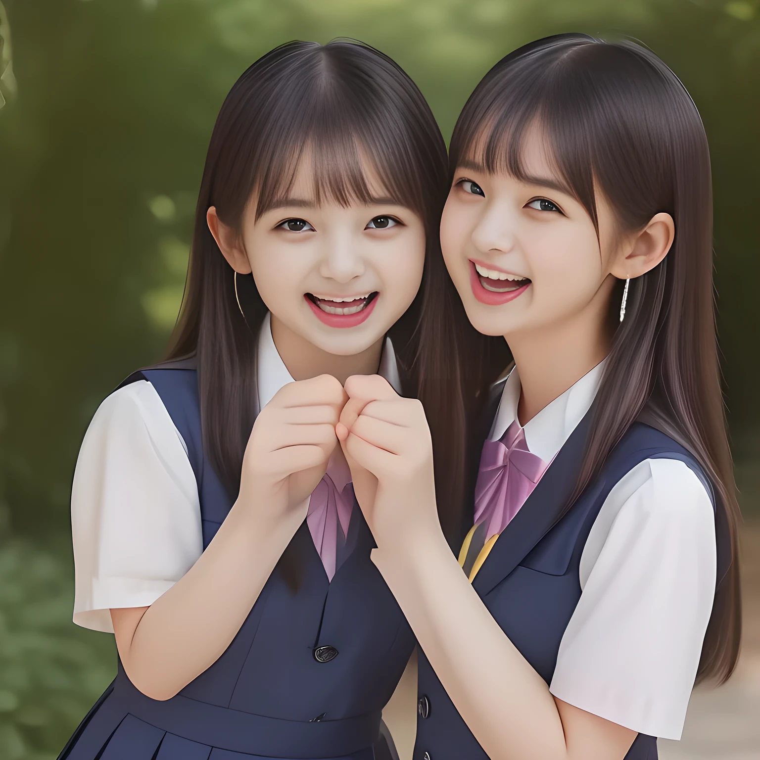 (highest quality, masterpiece, high resolution:1.2), 4K, (Photo quality detailed foreground: 1.2), geometry, ((Two yo too beautiful noble seductive idles are whispering me with swelling pink microphone), Cute noble beautiful slender girl girly very-long-hair Japanese photo model succubi and looking at the viewer with her too beautiful eyes, (fluttering supreme laughter): 1.5), (Using expensive face-whitening cosmetics to make her skin more beautiful and pure by professional makeup artist: 1.5), ((Dark blue) Japanese school girly vest Uniform with neat girly light-yellow short-sleeves school blouse, puffed short sleeves: 1.8), (white socks and school loafers, kicking back: 1.5), (Dark red glossy glossy school ribbon on the breast: 1.0), (Extremely laughing cheeks: 1.8), (Beautiful light-amber large clear open eyes with balanced and detailed cutely: 1.4), (double eyelids: 1.0), (highly curled bangs: 1.2), (Expressing the greatest joy with her whole body: 1.2), (Glossy lips: 1.0), (too long very straight hair reaches her hips: 1.7), (cute earrings), (making the viewer crazy with her beautiful hands: 1.6), (white and clear skin: 1.0), (Laughing 13 cute princess's eyes looking at me: 0.8), (Very shy, cute, slender, pretty, pretty, too girly & Girlish: National Beautiful Girl Grand Prix winners: 2.0), (Everything is organized to have strong effect of hypnosis for the viewer to fall into happy dream with many beautiful girl's laughter: 1.5), (The viewer must be transferred to the world of only beautiful girls right now when he sees the laughter of girls in the picture: 2),(Tight waist, slender: 1.5), (The neat beautiful girls know well about the viewer's super fetishism for school uniforms, and satisfies the viewer's lewd white microphone completely with skirt and beautiful hands grasping from front and back: 1.9), ((Inviting me) to come most close with (mind-melting maximum laughter) and (noble hand gesture) like alluring and looking into my eyes: 2)