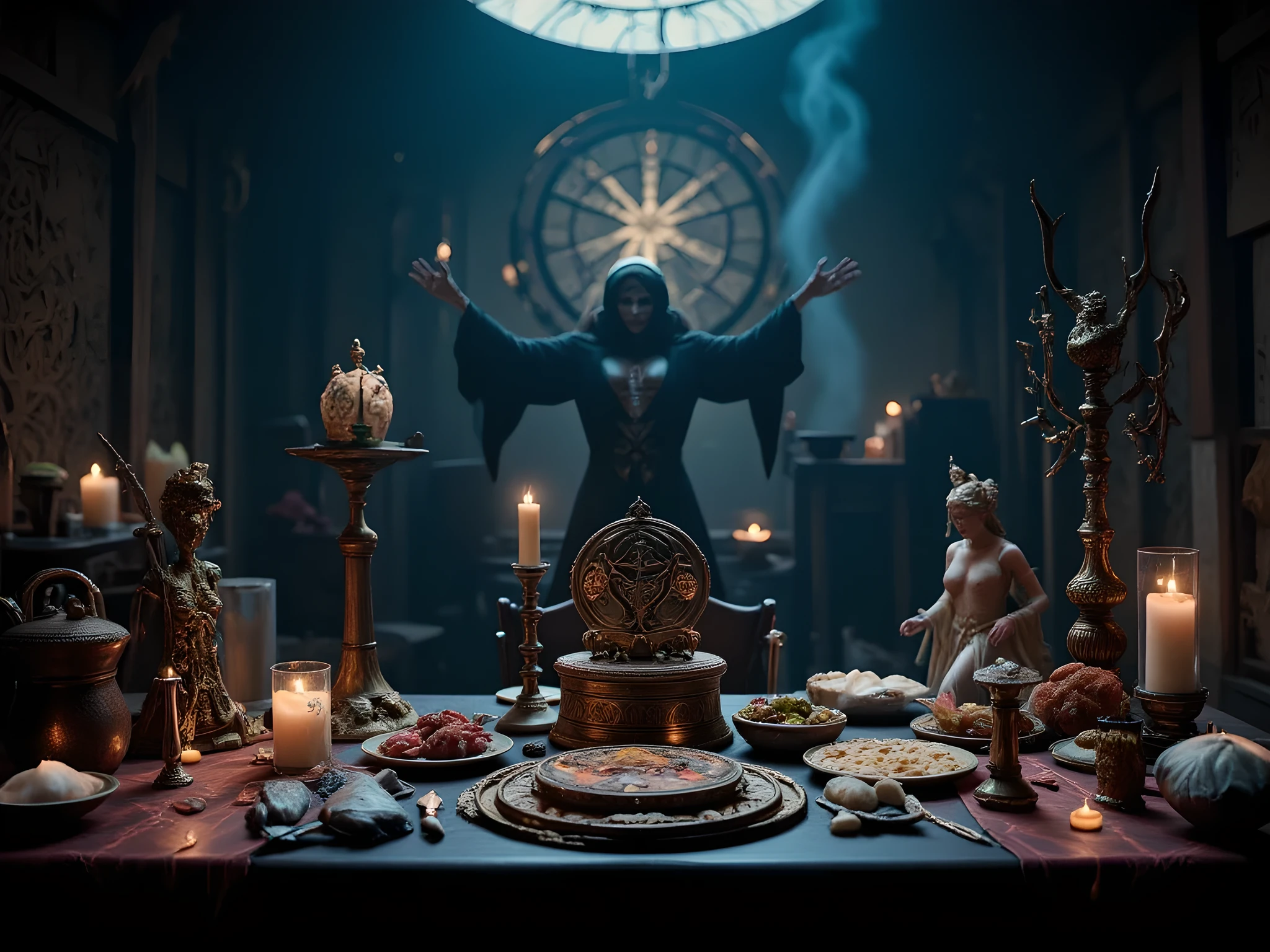 dark magic, without a person, modern witchcraft, witchcraft table, magical power energy, witch attributes and figurines, Magic symbols , 8k, mystical atmosphere, magical atmosphere, ultra details,