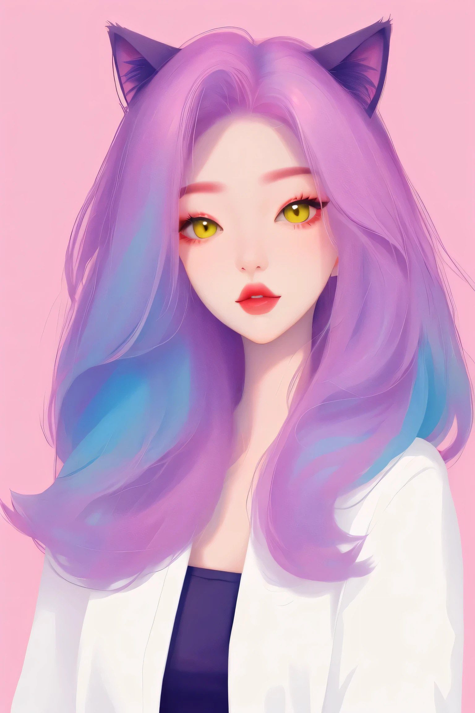 random hot and busty korean catgirl, cat ears, pastel color palette, no background, pastel background, colorful background,