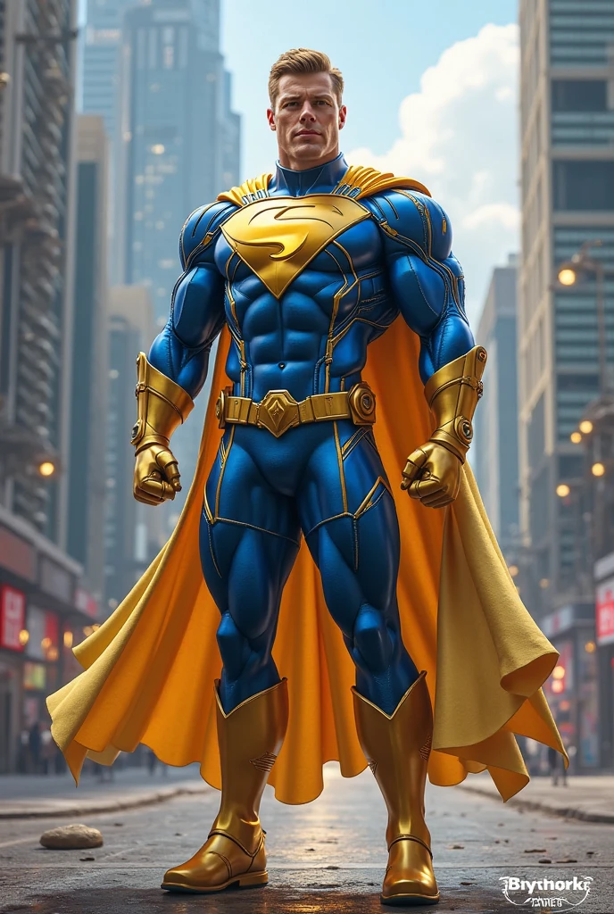 a javascript developer as super hero with letters "JS" on chest and yellow and blue colors in marvel style