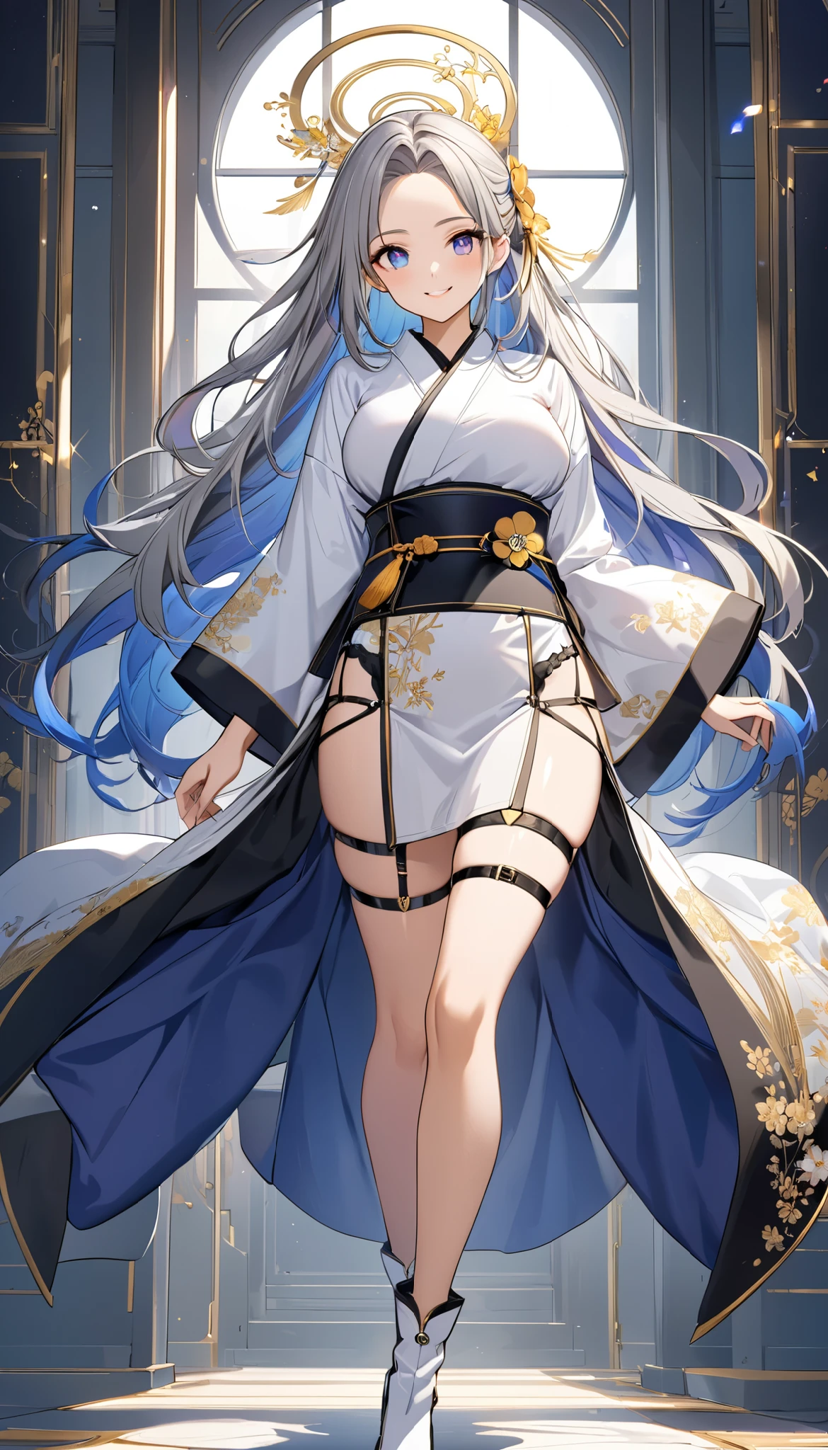fresh illustration ,
Superfine painting,
Top Quality,
very delicate illustration ,
Very fine details ,
Super detailed drawing ,
beautifully refined,
1girl ,
{full body},
{standing},
Alone,
height 158 cm,
Beige Skin,
{The iris of the right eye is skylight blue and the iris of the left eye is magenta }
{Complete iris heterochromia }
large black pupils ,
beautiful eyes,
super long hair,
shiny hair ,
Gray Hair,
The root of the hair is blue ,
The hair has a gradation
The forehead is half full ,
cute face,
pretty face,
has a small shining halo on the back of the head ,
Lowering the eyebrows,
is smiling,
The upper body is a kimono in kimono ,
Overall white clothes ,
The lower body is in a long Chinese dress with a slit from the waist ,
The color of the belt is black ,
The belt is tastefully embroidered with gold thread ,
fine fabric clothing ,
mega breastsは柔らかそう,
White thong,
garter belt,
stockings,
the thigh strap cuts into the skin ,
white long boots,
There are countless Japanese style ,
thin waist,
Slightly thick thighs ,
Isometric,
golden ratio,
god々 atmosphere,
wearing a blue padded collar ,
white black,
tactical use of shadows ,