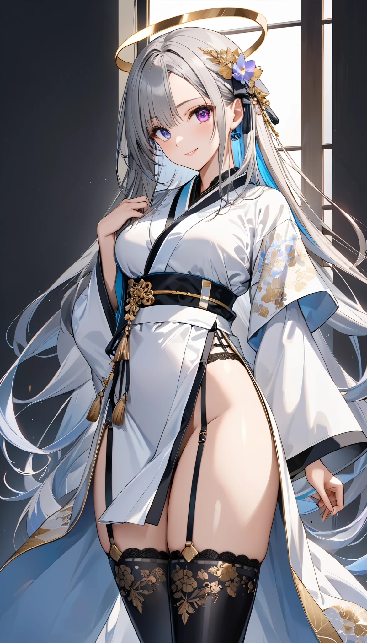 fresh illustration ,
Superfine painting,
Top Quality,
very delicate illustration ,
Very fine details ,
Super detailed drawing ,
beautifully refined,
1girl ,
{full body},
{standing},
Alone,
height 158 cm,
Beige Skin,
{The iris of the right eye is skylight blue and the iris of the left eye is magenta }
{Complete iris heterochromia }
large black pupils ,
beautiful eyes,
super long hair,
shiny hair ,
Gray Hair,
The root of the hair is blue ,
The hair has a gradation
The forehead is half full ,
cute face,
pretty face,
has a small shining halo on the back of the head ,
Lowering the eyebrows,
is smiling,
The upper body is a kimono in kimono ,
Overall white clothes ,
The lower body is in a long Chinese dress with a slit from the waist ,
The color of the belt is black ,
The belt is tastefully embroidered with gold thread ,
fine fabric clothing ,
mega breastsは柔らかそう,
White thong,
garter belt,
stockings,
the thigh strap cuts into the skin ,
white long boots,
There are countless Japanese style ,
thin waist,
Slightly thick thighs ,
Isometric,
golden ratio,
god々 atmosphere,
wearing a blue padded collar ,
white black,
tactical use of shadows ,