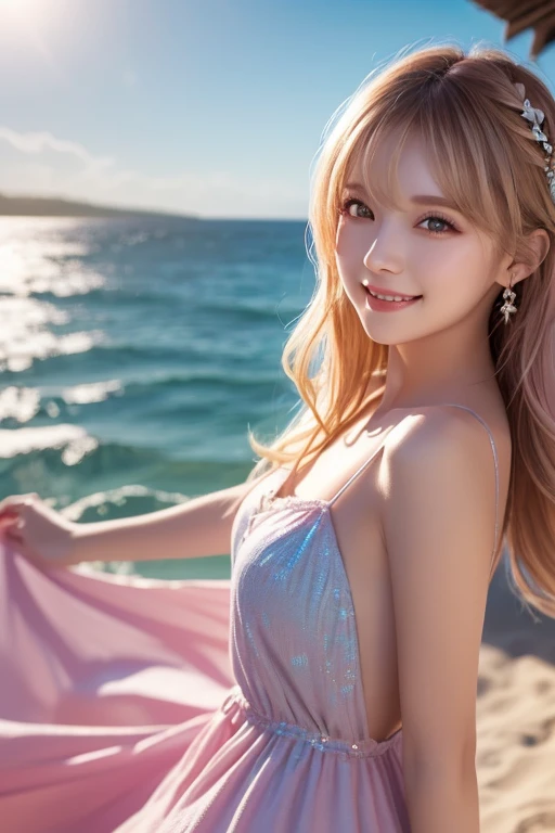 1girl in, Taylor Swift, (long-one-piece dress), Smile, American Idol, in desert, masutepiece, High quality, Beautiful, 4K, Beautiful detailed, Glow, multi color hair, From  above, depth of fields, light Particle, nffsw, Rembrandt lighting, Colorful refraction, Lens Flare, bloom, Film reflection, Colorful refraction, chromatic abberation, Light diffusion