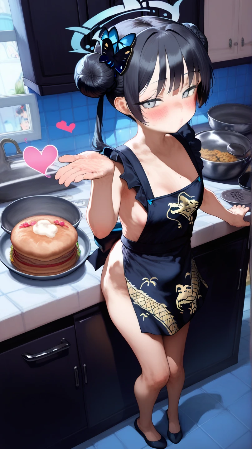 <lora:Xueyi-10:0.88>, xueyihsr, looking at viewer, smile, open mouth, kitchen, naked apron, food, indoors, heart, cleavage, white apron, pancake, pancake stack, lens flare, sparkle, standing