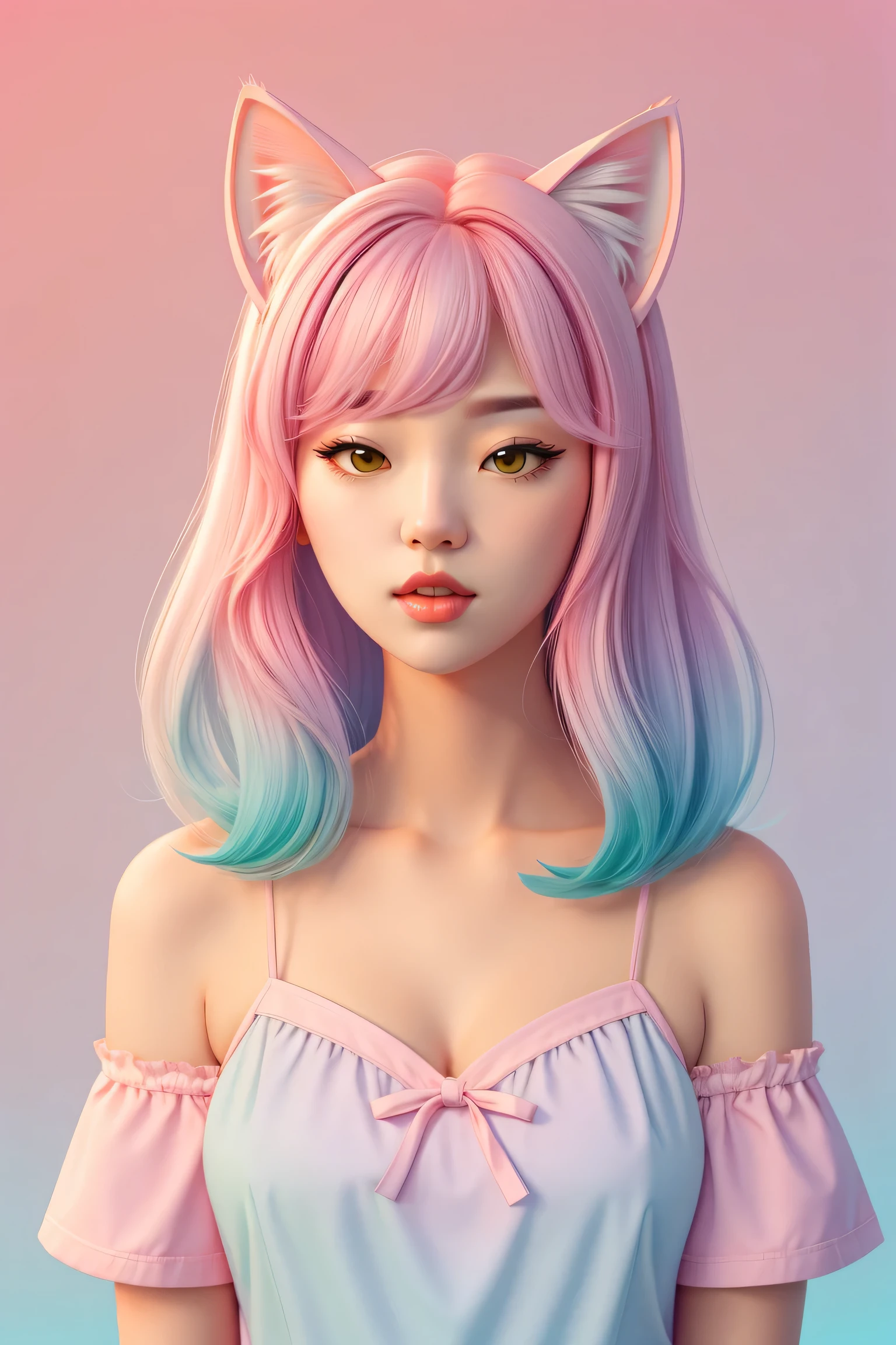 random hot and busty korean catgirl, cat ears, pastel color palette, no background, pastel background, colorful background,