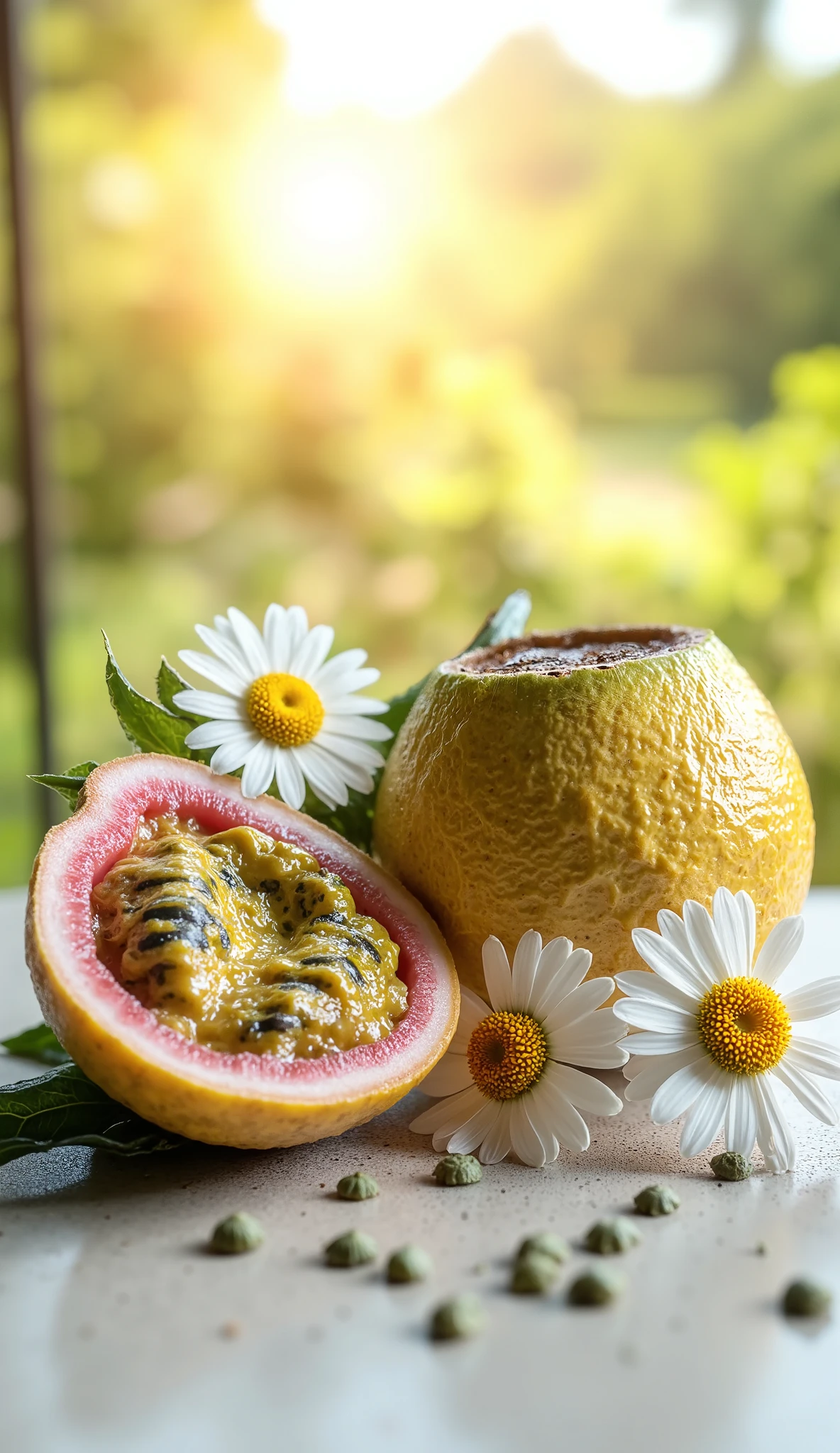 A harmonious and vibrant composition of natural ingredients: a ripe golden-yellow passion fruit, with slightly wrinkled skin and a succulent interior filled with shiny black seeds wrapped in golden pulp; delicate chamomile flowers with white petals and radiant yellow centers, exuding softness and warmth; small fennel seeds, pointy and greenish, gently scattered around. The background has an ethereal effect with soft tones of gold and light green, evoking relaxation and well-being. The lighting is soft and natural, highlighting the botanical details and textures of the plants. The setting conveys a sense of calm and tranquility, suggesting the preparation of a tea to alleviate anxiety and promote deep sleep restorative.