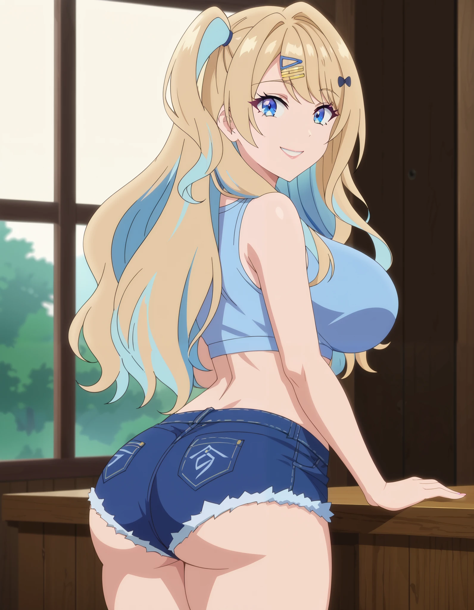 anime screencap, luna shirakawa, long hair, blue eyes, blonde hair, hair ornament, bow, multicolored hair, hairclip, big breasts, short shorts, blue crop top, showing ass, big ass, round ass, thick thighs, look at viewer, smiling, perfect eyes,