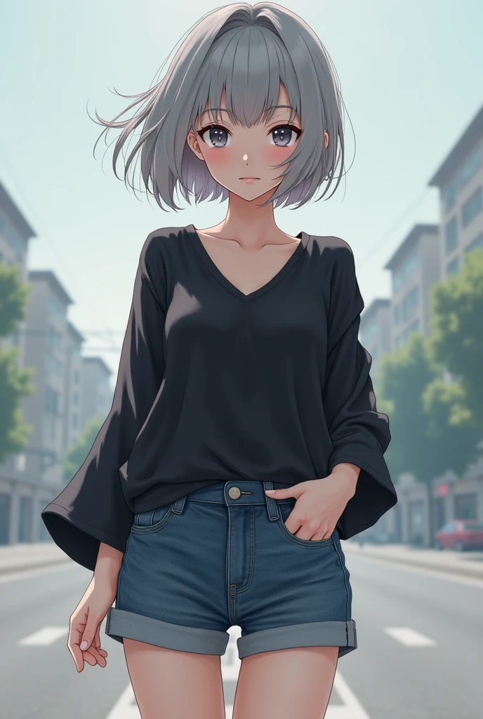 (Highest quality, High resolution, Very detailed), Silver Hair, Super short hair, Reddish brown eyes, sweater dress, lace thong, Large Breasts, Perfect Makeup, 24th generation, Beautiful woman, mature, quiet, Calm, A small smile, city Street,