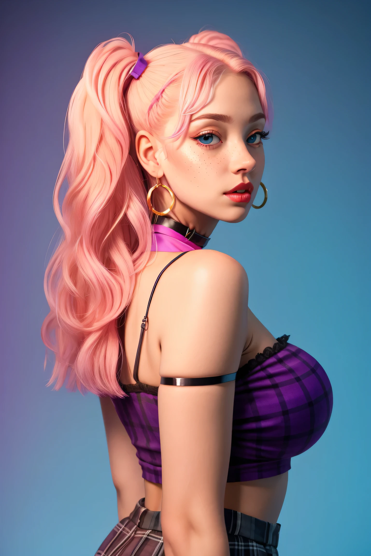 1girl, sexy  girl, pigtails, cute face, gorgeous, cute, pretty, pretty face, pale skin, freckles, blond hair, blue eyes, full shiny lips, big lips, thick lips, parted lips, light pink lipgloss, mascara, skinny thighs,  body, ,  innocent look, young face, pink long nails, black choker, large hoop earrings, pink plaid micro skirt, off shoulders white tank top, arms behind back, huge breasts, cleavage, shiny skin, (eyes looking off to side), Highly detailed, Amazing work，Vitreous luster, blues, purples, pinks, Best quality at best，shiny skin, no background, colorful background, blue background, pink background, purple background, plunging neckline, sexy pose, dynamic pose, heavy blushing, huge breasts, 