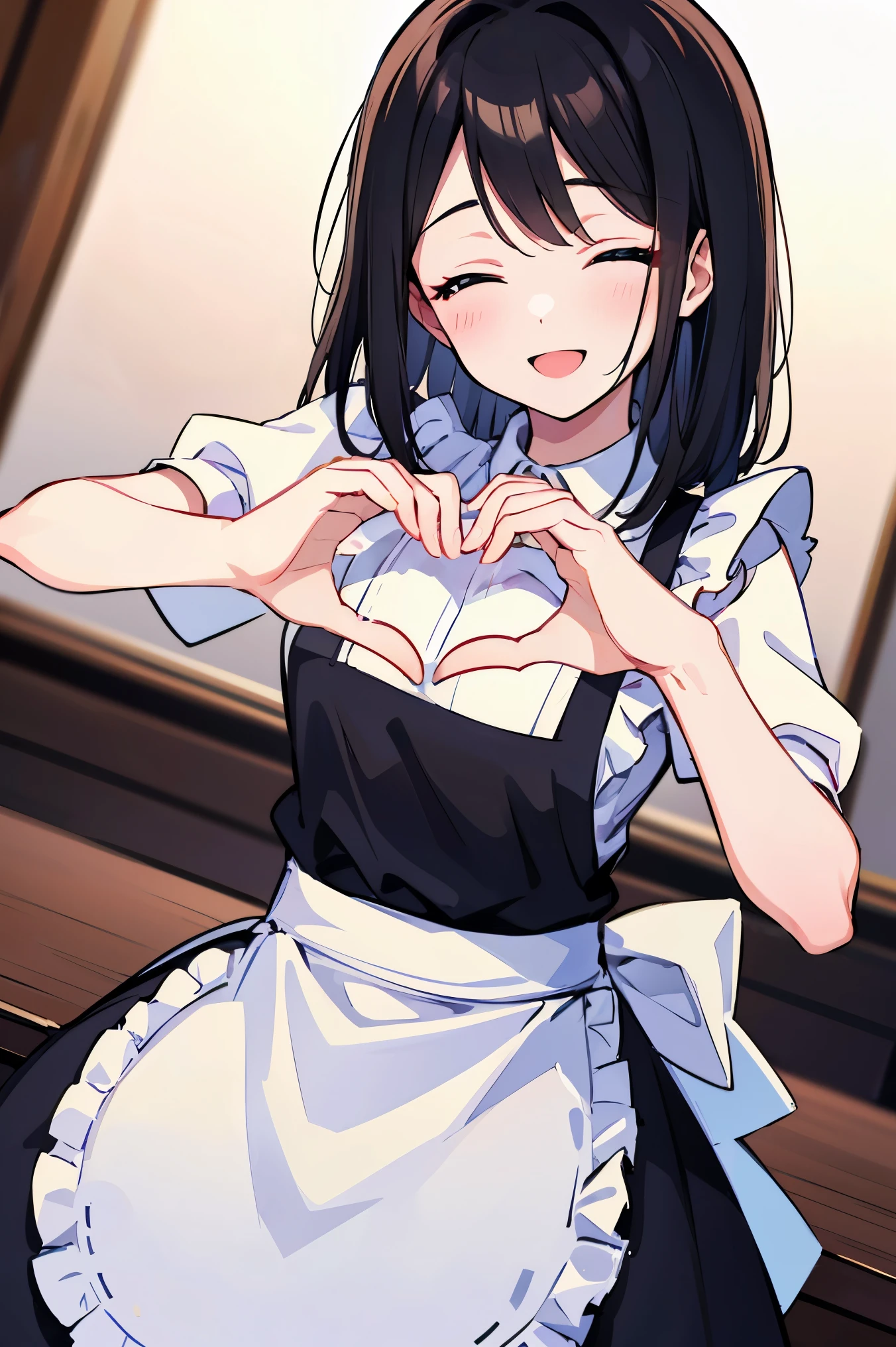 ((Hands heart)), Girl working at maid cafe, black hair, frills, apron, cafe, serving, smiling, happy, cute, wink