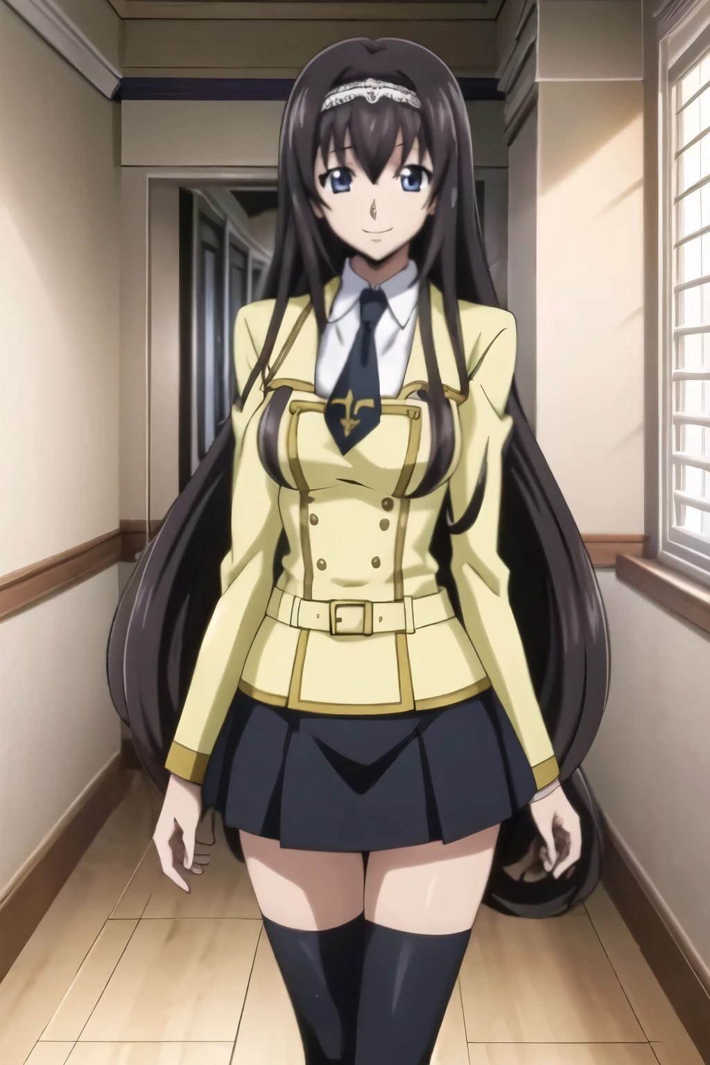 1 girl, beautiful eyes, black hair, long hair, hair band, smile, walking, school uniform, school hallway, large window, skirt, black knee socks, (Anime style, masterpiece, best quality , High Resolution , anime color , Anime style, sharp, 8k, realistic), beautiful eyes, digital animation art!!, anime style, Official Artwork , visual novel CG,