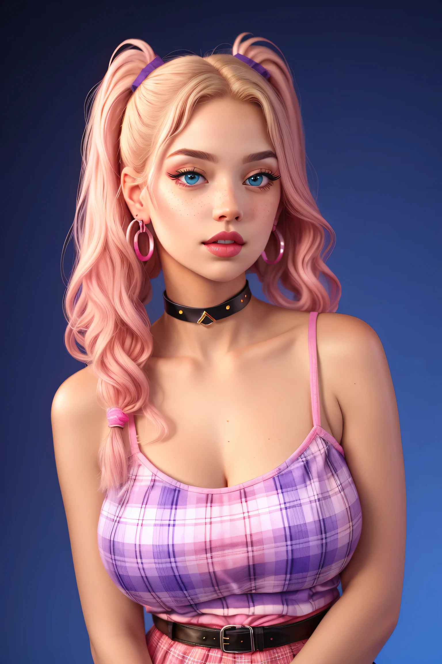 1girl, sexy girl, pigtails, cute face, gorgeous, cute, pretty, pretty face, pale skin, freckles, blond hair, blue eyes, full shiny lips, big lips, thick lips, parted lips, light pink lipgloss, mascara, skinny thighs, body, , innocent look, young face, pink long nails, black choker, large hoop earrings, pink plaid micro skirt, off shoulders white tank top, arms behind back, huge breasts, cleavage, shiny skin, (eyes looking off to side), Highly detailed, Amazing work,Vitreous luster, blues, purples, pinks, Best quality at best,shiny skin, no background, colorful background, blue background, pink background, purple background, plunging neckline, sexy pose, dynamic pose, heavy blushing, huge breasts,