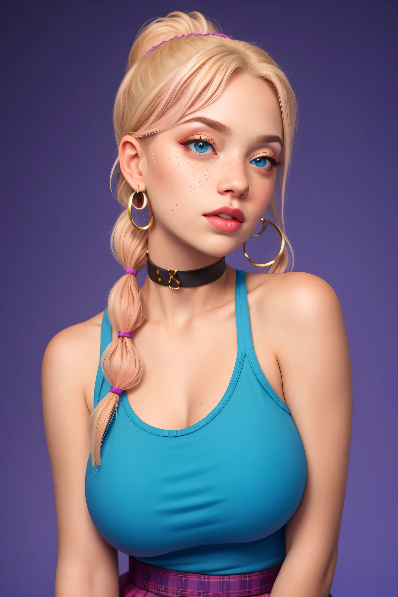 1girl, sexy girl, pigtails, cute face, gorgeous, cute, pretty, pretty face, pale skin, freckles, blond hair, blue eyes, full shiny lips, big lips, thick lips, parted lips, light pink lipgloss, mascara, skinny thighs, body, , innocent look, young face, pink long nails, black choker, large hoop earrings, pink plaid micro skirt, off shoulders white tank top, arms behind back, huge breasts, cleavage, shiny skin, (eyes looking off to side), Highly detailed, Amazing work,Vitreous luster, blues, purples, pinks, Best quality at best,shiny skin, no background, colorful background, blue background, pink background, purple background, plunging neckline, sexy pose, dynamic pose, heavy blushing, huge breasts,