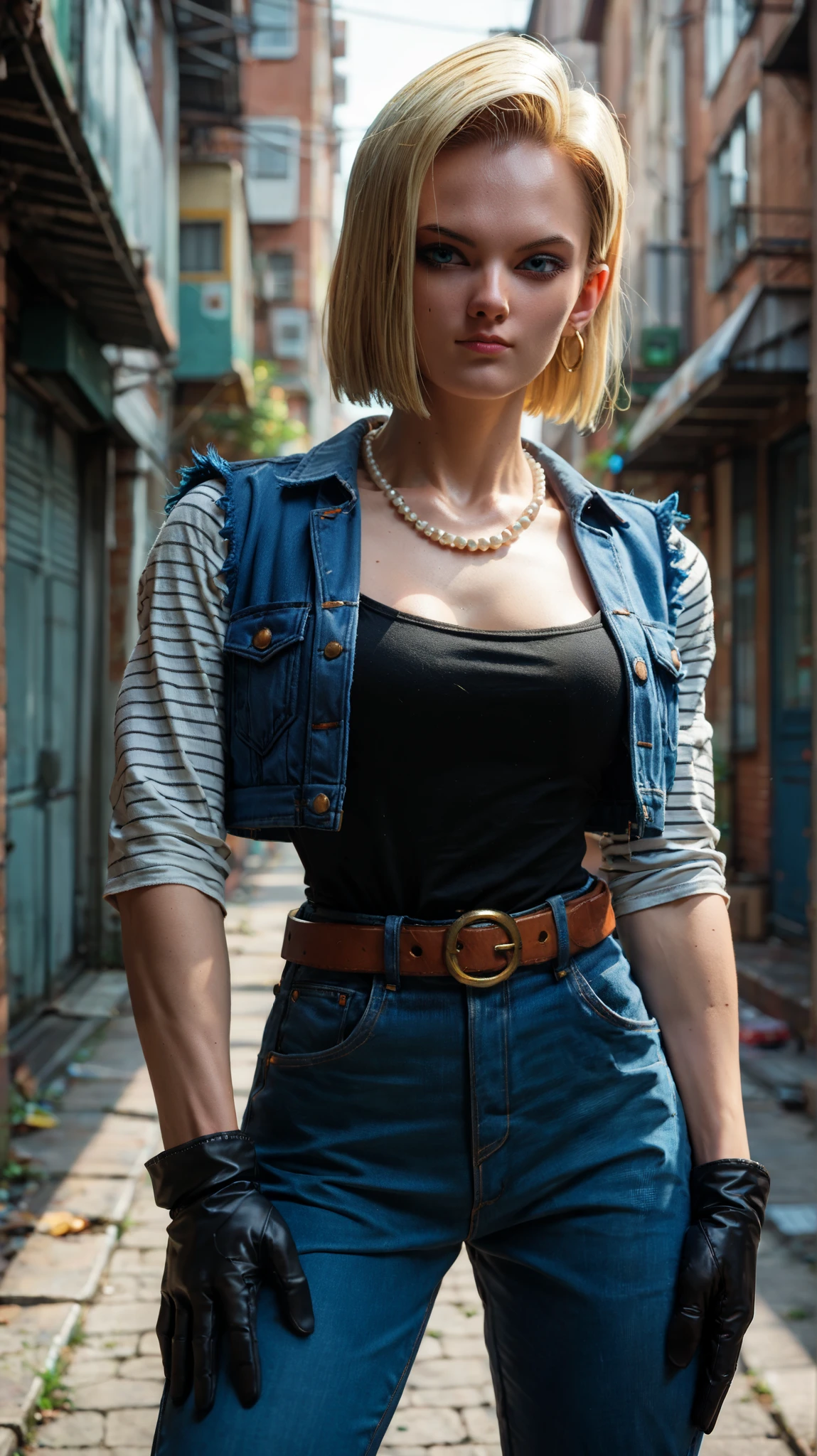 score_9,score_8_up,score_7_up,score_9,score_8_up,score_8,ultra detailed,beautiful face,highres BREAK Android18SDXL,1girl,solo,short hair,blue eyes,blonde hair,gloves,jewelry,earrings,black gloves,belt,pants,necklace,vest,denim,jeans,pearl necklace,high-waist pants,android 18,cowboy shot, futuristic city