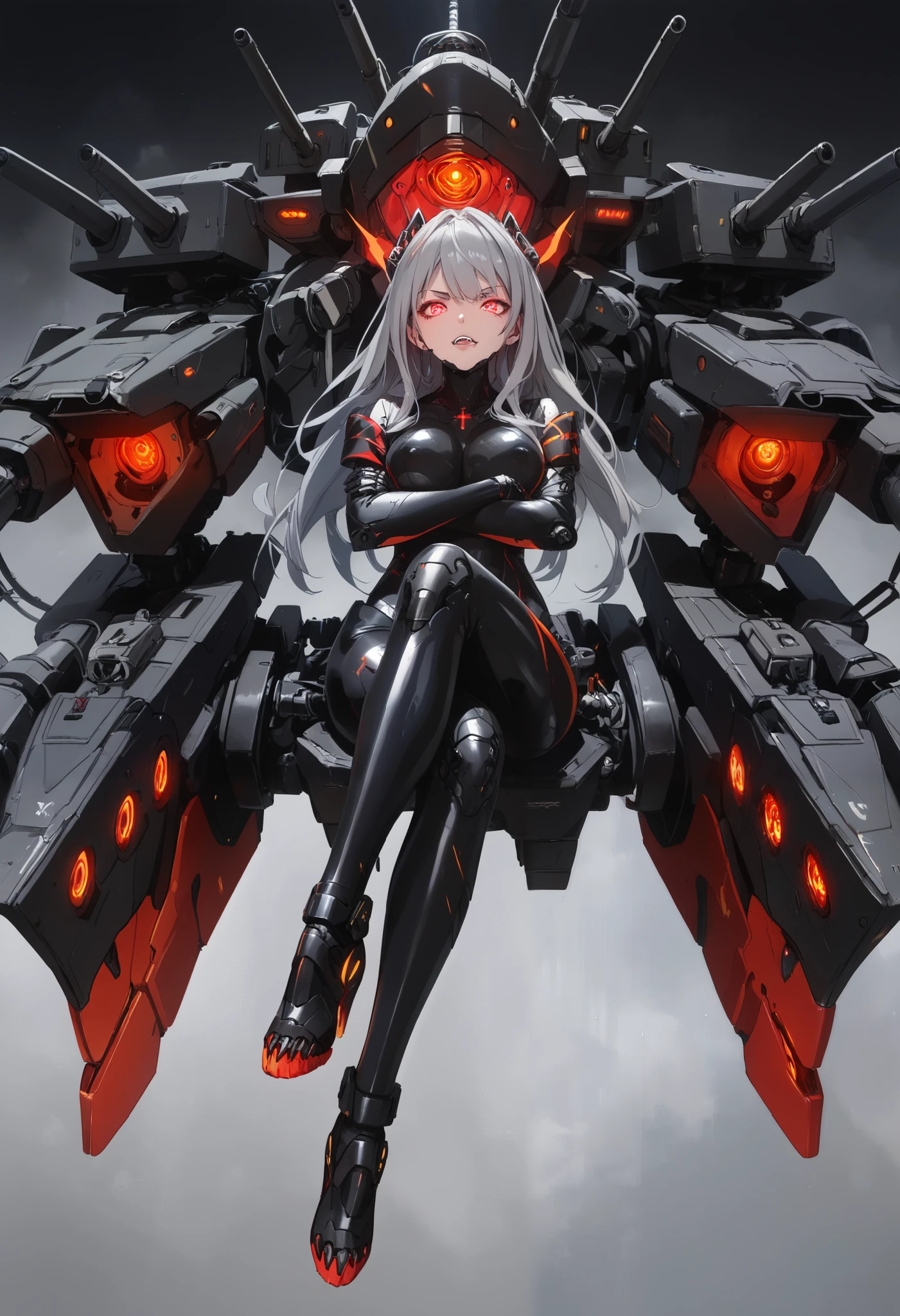 Mechanical Weapon Girl. (Close-up)Full body bodysuit. Latex. Cyber wind. Light armor. A look of contempt. Grey hair. Breasts perky. Glowing red eyes. Glowing core. A mechanical monster in the background. large sharp claws; Mechanical Fang. Red and black machine. Battleship. Sit down. Cross legs. Arms crossed. A swarm of mechanical insects.