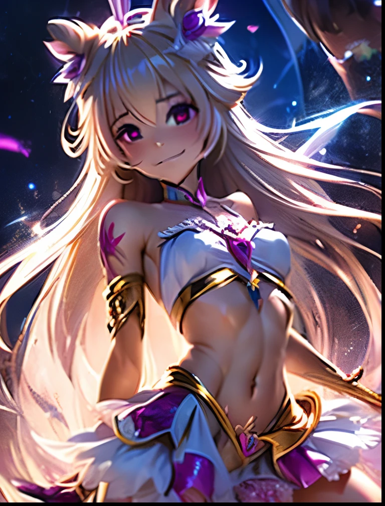 (((SFW、Highest quality、 first class masterpiece 、 normal body of a real person 、8k、 detailed face 、 super precise、 real color 、5refer to、Highest)))、Pretty Cure、 Gold and Silver Hair 、Magical Girl、pretty girl、 Navel Exposure 、Big Breasts、slender、 slim、high leg white slingshot、Panchira super miniskirt、A special move with your hands sticking forward and starting from your palm、Open Legs Embarrassing Pose、Open leg sexy kick、Fall into Darkness、heart on navel dirty tattoo、heart on chest dirty tattoo、Heart tattoo on body、dark light、evil magic particle、hypnotic state、Hypnotic、 My eyes glow strangely in pink 、hollow eyes、Chain Lead Slave Iron Collar、Female slave、Brain washing is complete、kind smile、Calm expression、ChainBondage