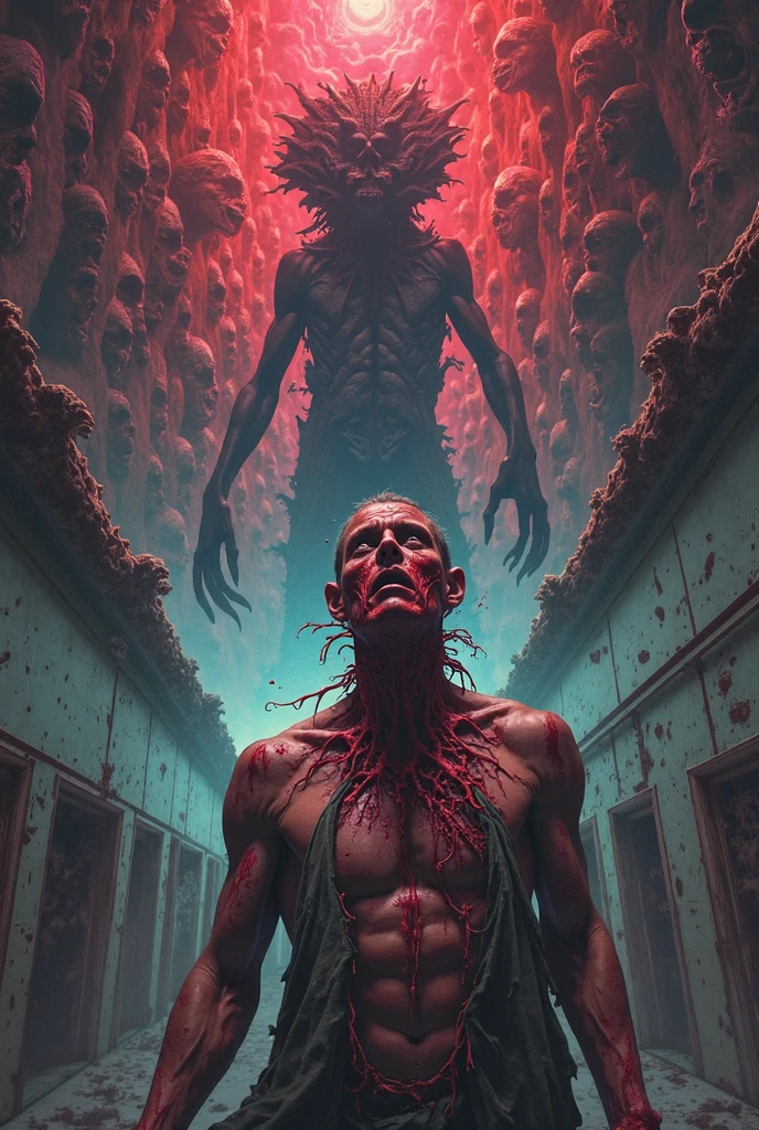 suffering from pain, covered in blood, a knife in the heart