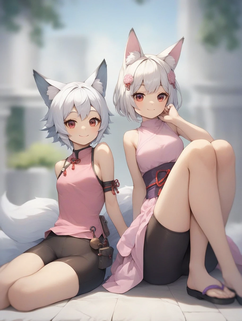 ((best quality, Masterpiece, perfect anatomy, Detailed pictures)), furry, 1 woman, arctic ferret, sexy, long white hair, ponytail, gray eyes, Shit shy, ferret tail, Maid bikini set, red red, shy, in the cherry tree, wet, Chest 82, Waist 56, Thigh 83