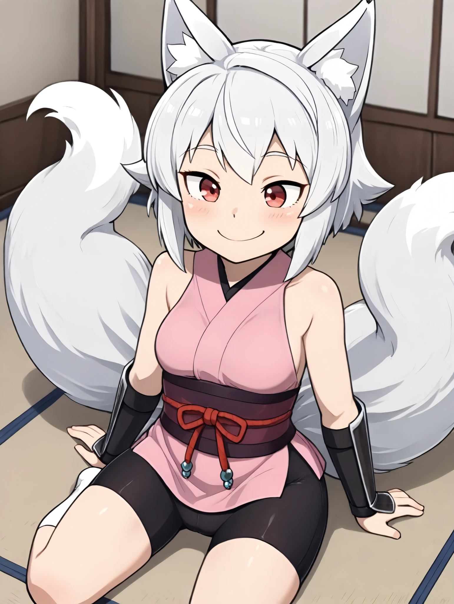 1 girl, Kitsu, white hair, short hair, fox ears, Red Eyes, Two fox tails, (2 tails), both sides, black shorts, bike shorts, Pink Kimono, sleeveless, arm guards,
sitting on the floor, happy,
masterpiece, best quality,great quality, very aesthetic, Absard Dress, depth of field, blurry background, highly detailed face with a woman, detail eyes