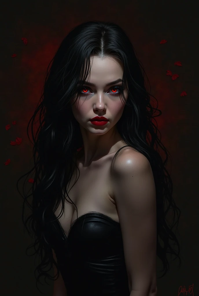 a beautiful busty Asian vampire goth woman in a torn ripped leather bodysuit revealing one breast, ultra detailed, dramatic lighting, moody dark atmosphere, cinematic quality, dark fantasy, glowing red eyes and hair
