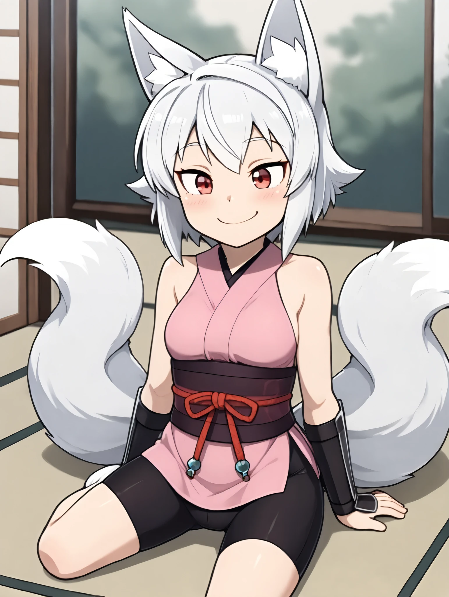 1 girl, Kitsu, white hair, short hair, fox ears, Red Eyes, Two fox tails, (2 tails), both sides, black shorts, bike shorts, Pink Kimono, sleeveless, arm guards,
sitting on the floor, happy,
masterpiece, best quality,great quality, very aesthetic, Absard Dress, depth of field, blurry background, highly detailed face with a woman, detail eyes