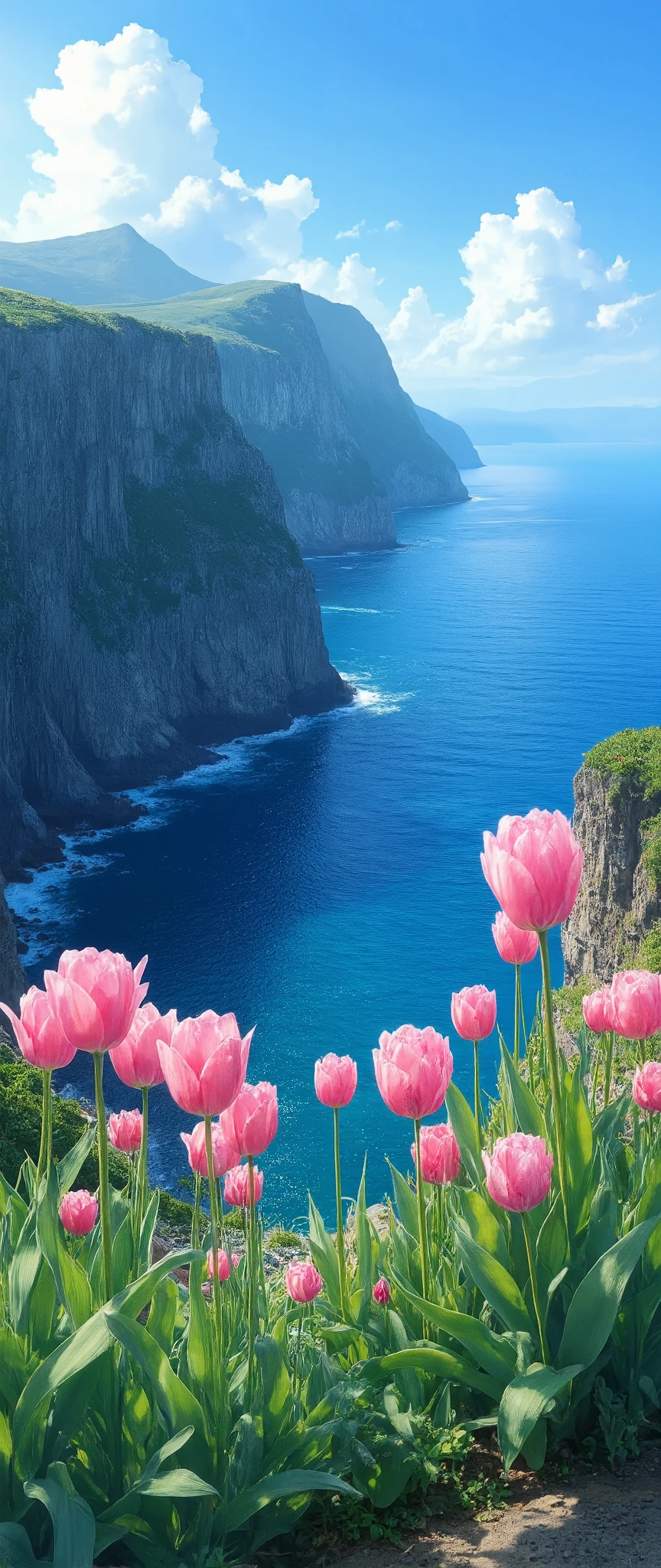 masterpiece、最high quality 、high quality、Sanriku coast scenery、 Scenery、outdoor、三陸海岸切り立ったcliff、blue sea、cliffの上にはピンクのチューリップの花、watching cliffs with broken cliffs from the sea、 Scenery、深いblue sea、Seaside、cliff、nature、n切り立ったcliff。