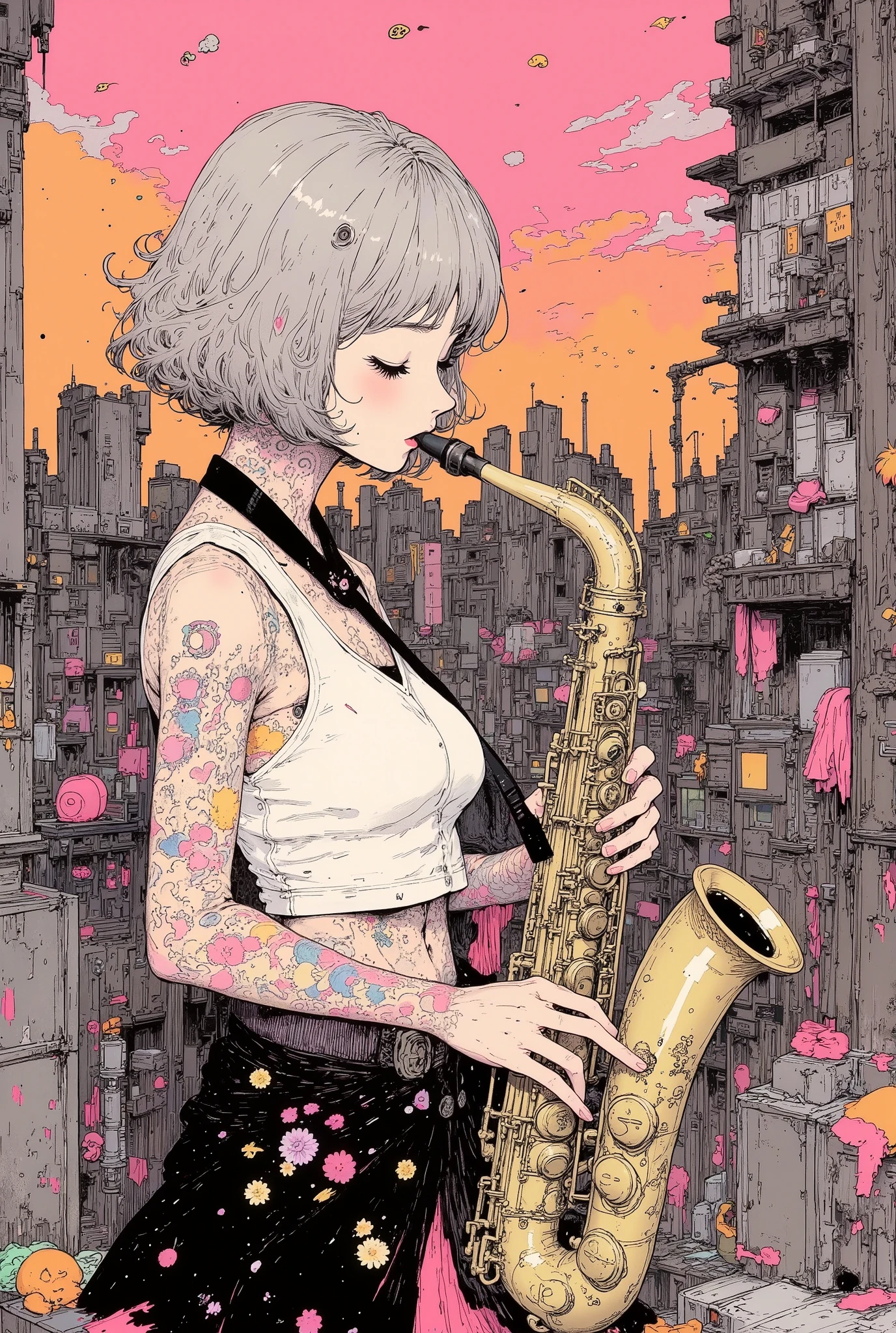 ((She closes her eyes and plays her saxophone nimbly on the rooftop.)), rooftop serving as a backdrop against a city scape. (((profile))), side view, from side, High Definition, masterpiece, Accurate, top quality, High Definition model, high detail, (((The textures are soft))), ((matte and toy-like with a handmade premium look)), (((Tim Burton style))), beautiful woman with tattoo, perfect body, wide hips, huge breasts, anime style, simple lines, short hair, bob haircut, soft silver medium length hair, tank top, (intricate details:1.1), beautiful detailed, beautiful hair, 1girl, japanese, blush, ((five fingers)), ((Pupil details)), Anatomically correct,