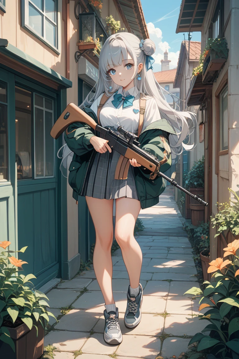 masterpiece, best quality, 1girl, solo, girls und panzer, shimada arisu,hair ribbon, selection university military uniform, black jacket,white shirt, black necktie, black skirt, grey socks, lace-up boots, sitting on rocks, green field, blue sky