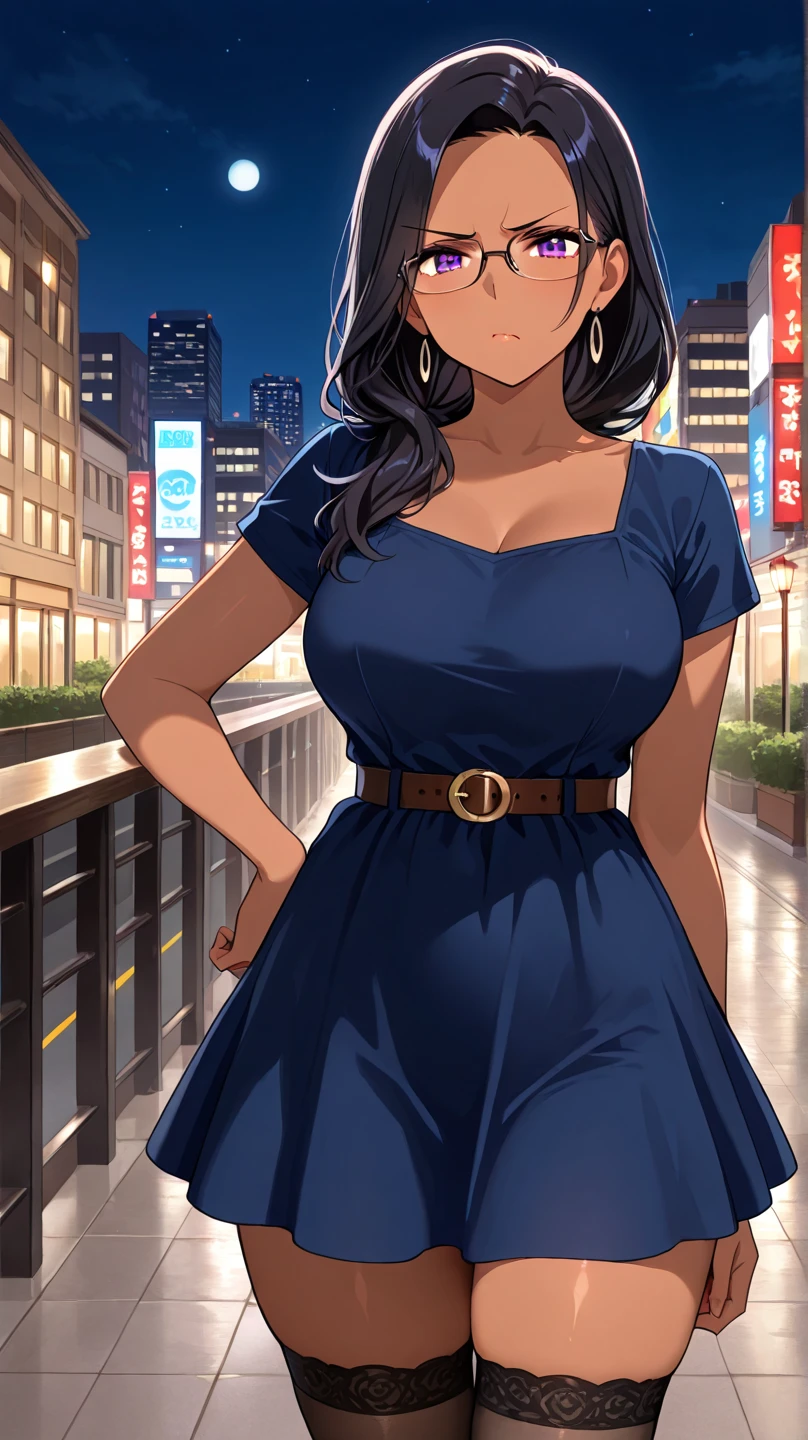 1lady solo, (strolling through city), (stylish outfit) (pencil dress), mature female, /(black hair/), kind smile, (masterpiece best quality:1.2) delicate illustration ultra-detailed, large breasts, choker BREAK (holding designer's bag) BREAK (luxurious downtown street) outdoors, night, cityscape, detailed background
