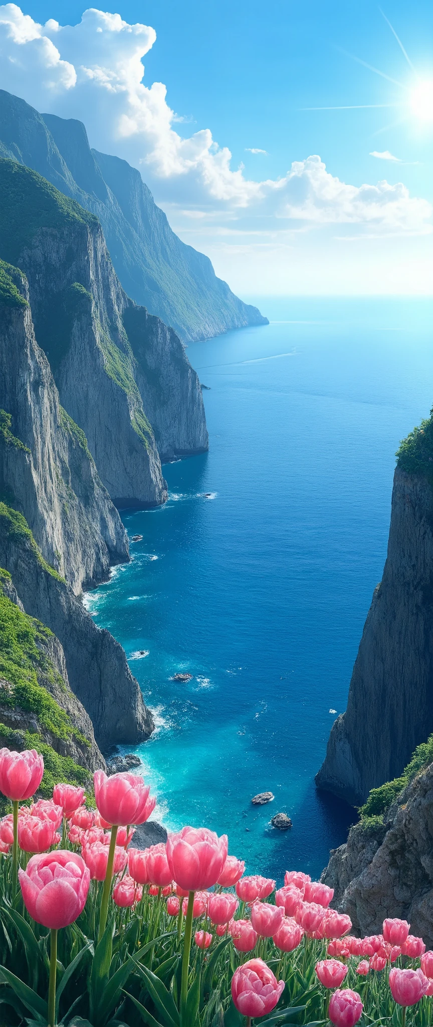 masterpiece、最high quality 、high quality、Sanriku coast scenery、 Scenery、outdoor、三陸海岸切り立ったcliff、blue sea、cliffの上にはピンクのチューリップの花、watching cliffs with broken cliffs from the sea、 Scenery、深いblue sea、Seaside、cliff、nature、n切り立ったcliff。