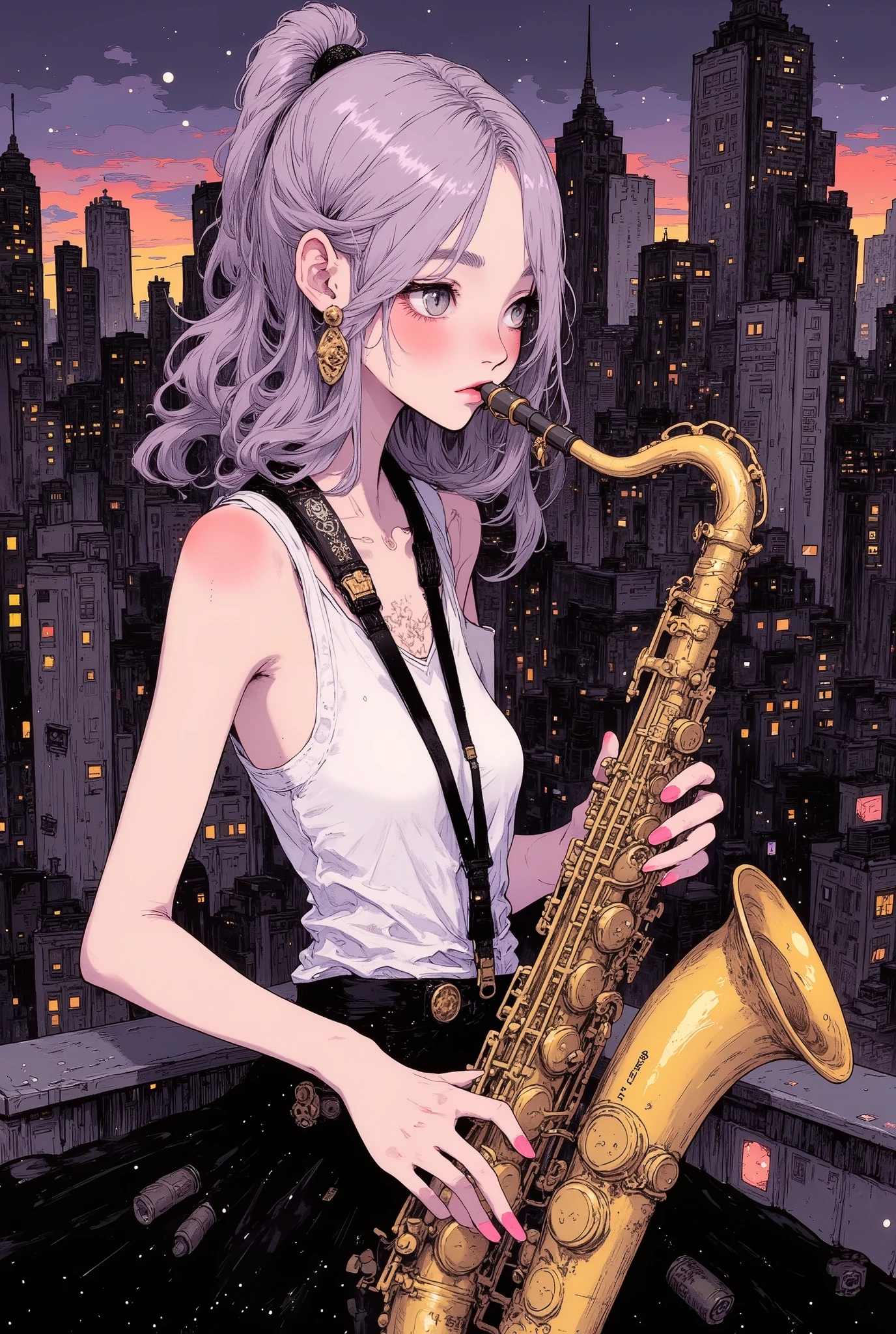 ((She plays her saxophone nimbly on the rooftop.)), backdrop against a city scape. (((Macro))), High Definition, masterpiece, Accurate, top quality, High Definition model, high detail, (((The textures are soft))), ((matte and toy-like with a handmade premium look)), (((Tim Burton style))), beautiful woman, anime style, simple lines, ((soft silver low ponytail hair)), tank top, (intricate details : 1.1), beautiful detailed, beautiful hair, 1girl, japanese, blush, ((five fingers)), ((Pupil details)), (Anatomically correct),