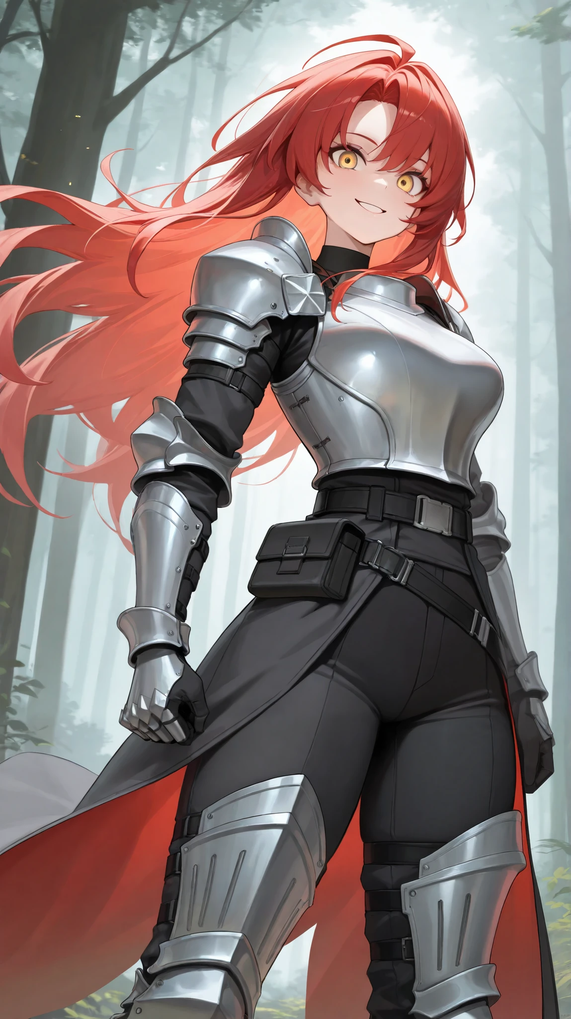 absurdres, (((HD))), (((Ultra High Quality))), ((hyper detailed)), ((detailed eyes)), (((8K))), ((perfect face)), ((masterpiece)), tall, 1girl, smile, tall, red hair, long hair, yellow eyes, medium breasts, knight, futuristic armor, black undershirt, shoulder armor, gauntlets, chest armor, black pants, leg armor, combat belt, waist coat, forest background