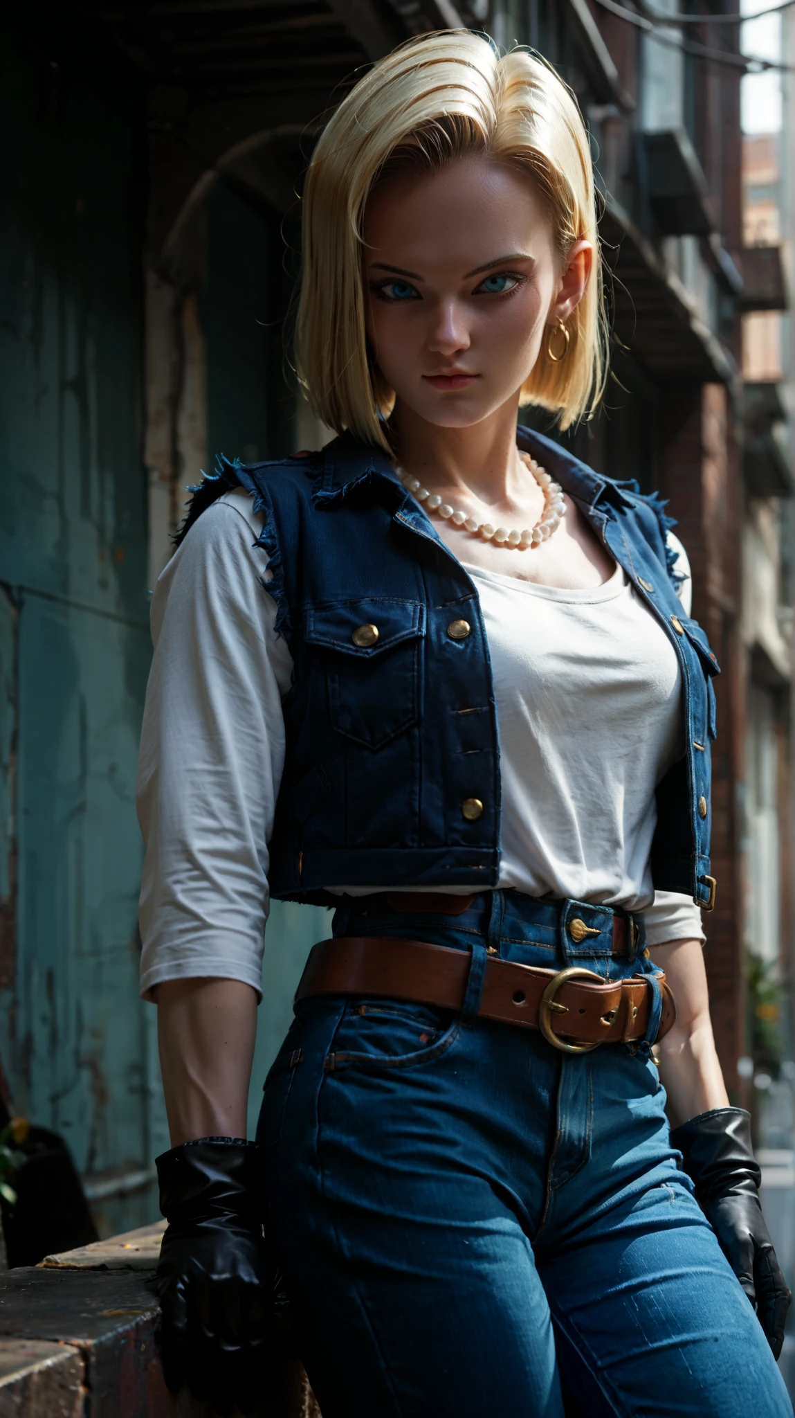 score_9,score_8_up,score_7_up,score_9,score_8_up,score_8,ultra detailed,beautiful face,highres BREAK Android18SDXL,1girl,solo,short hair,blue eyes,blonde hair,gloves,jewelry,earrings,black gloves,belt,pants,necklace,vest,denim,jeans,pearl necklace,high-waist pants,android 18,cowboy shot, futuristic city