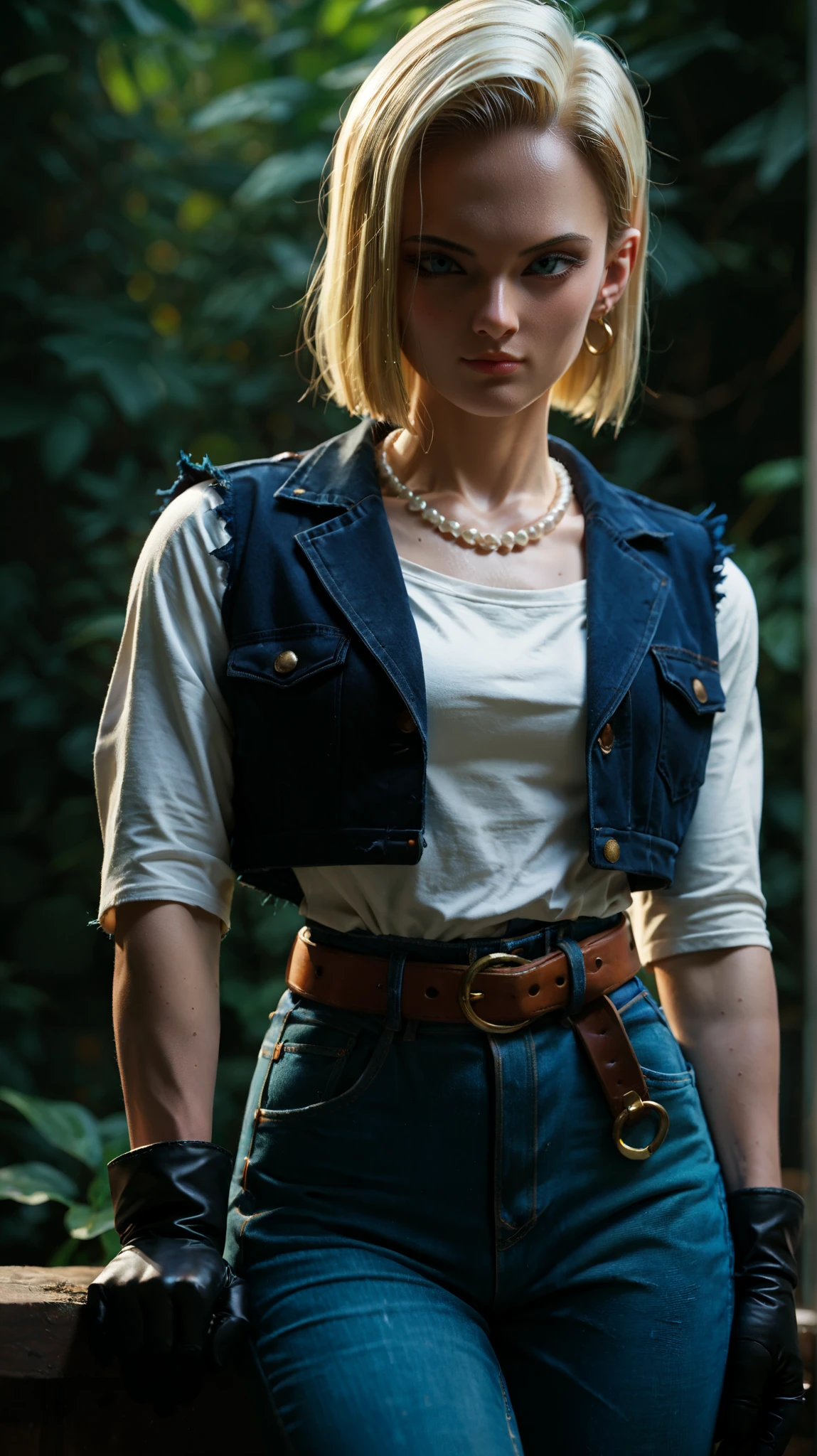 score_9,score_8_up,score_7_up,score_9,score_8_up,score_8,ultra detailed,beautiful face,highres BREAK Android18SDXL,1girl,solo,short hair,blue eyes,blonde hair,gloves,jewelry,earrings,black gloves,belt,pants,necklace,vest,denim,jeans,pearl necklace,high-waist pants,android 18,cowboy shot, futuristic tokyo as background