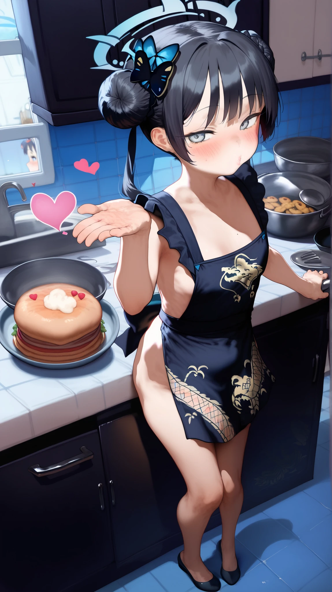 score_9, score_8_up, score_7_up, 1loli, petite, kitchen, dine, kisaki-default,kisaki \(blue archive\),grey eyes,black hair,double bun,twintails,halo, apron, housewife attire, heart, cute, blushing, (detailed), (sfw), blowing kiss, full body, lips